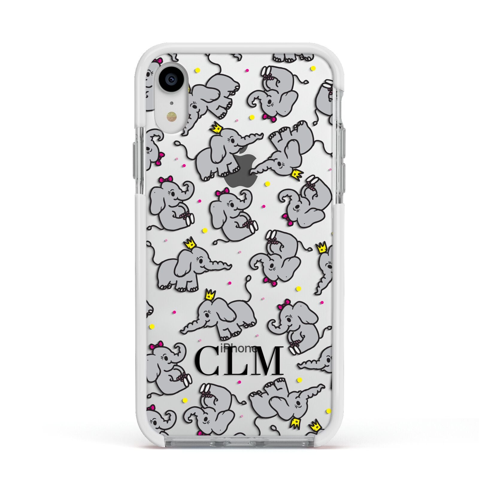 Personalised Elephant Initials Clear Apple iPhone XR Impact Case White Edge on Silver Phone