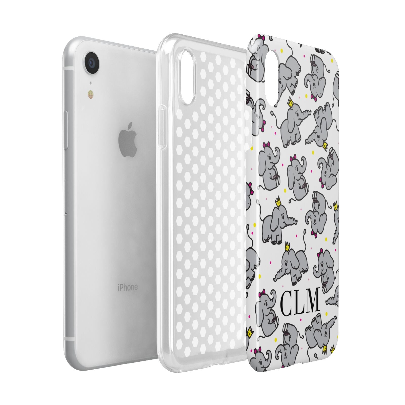 Personalised Elephant Initials Clear Apple iPhone XR White 3D Tough Case Expanded view
