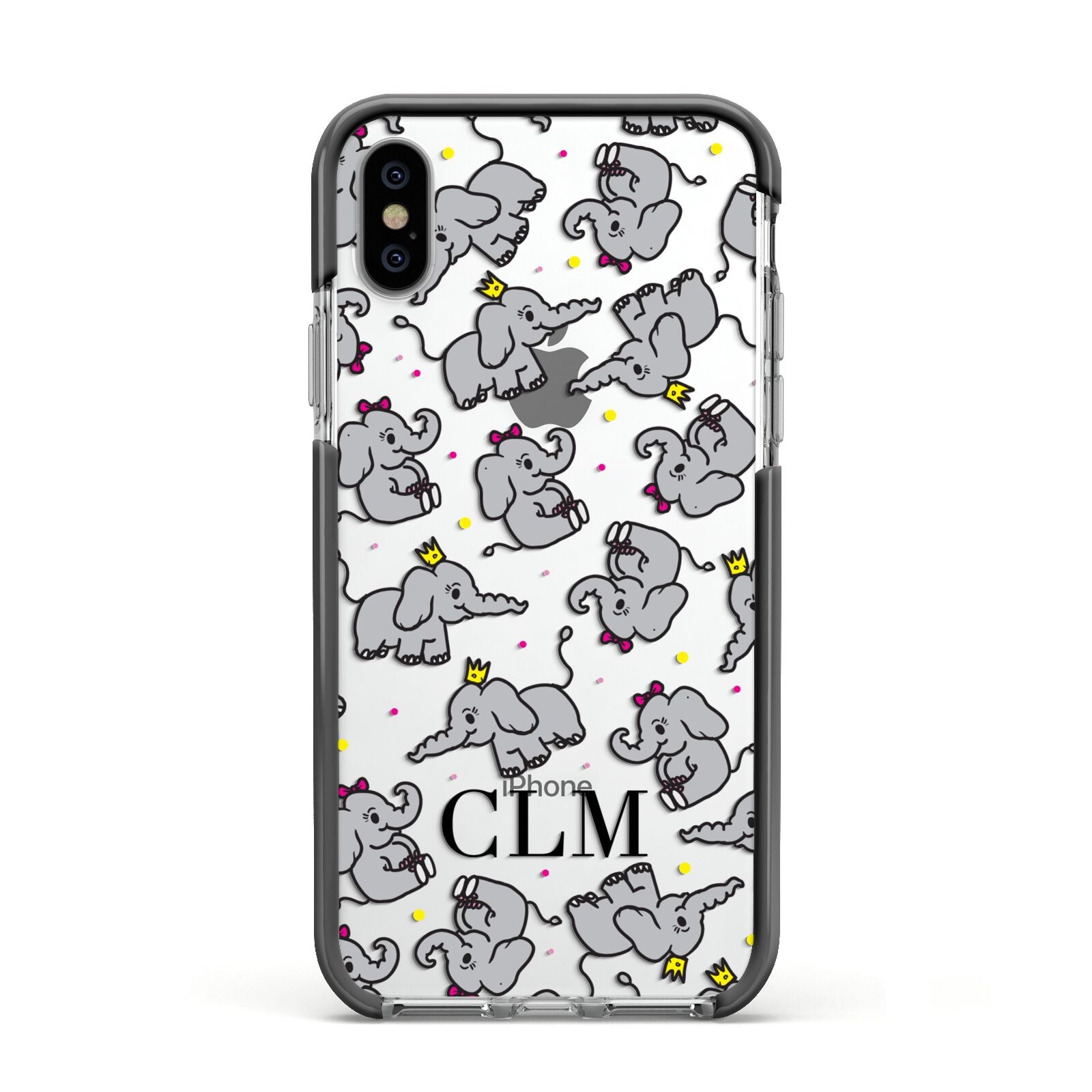 Personalised Elephant Initials Clear Apple iPhone Xs Impact Case Black Edge on Silver Phone