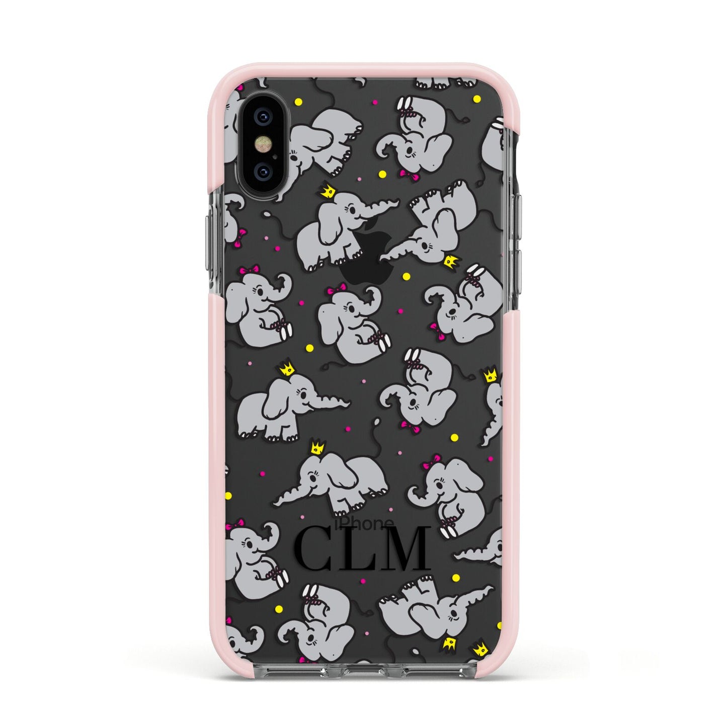Personalised Elephant Initials Clear Apple iPhone Xs Impact Case Pink Edge on Black Phone