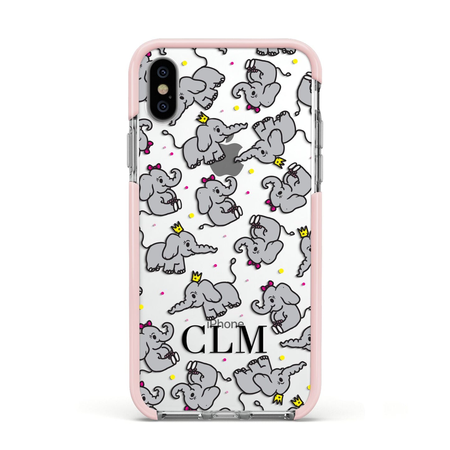 Personalised Elephant Initials Clear Apple iPhone Xs Impact Case Pink Edge on Silver Phone