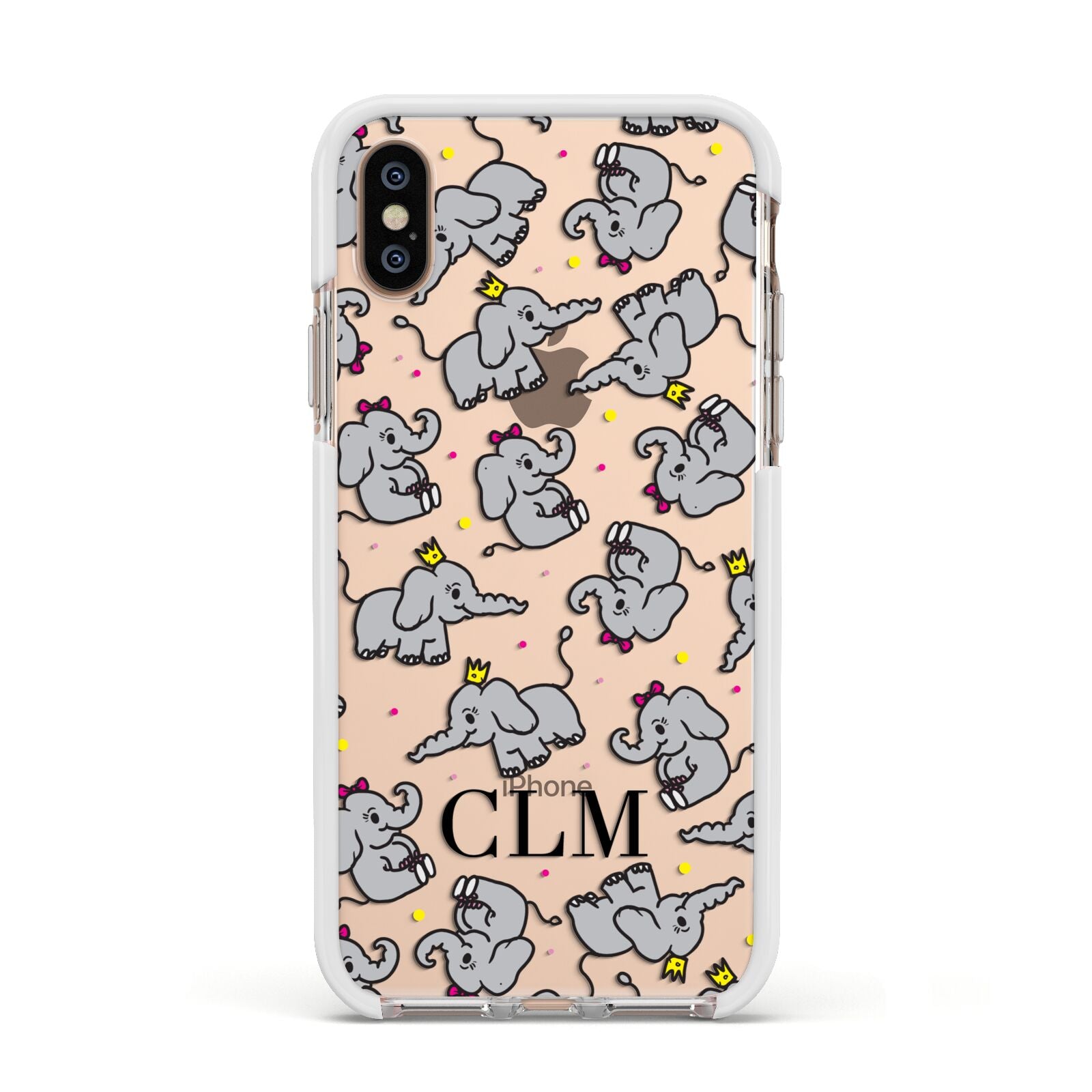 Personalised Elephant Initials Clear Apple iPhone Xs Impact Case White Edge on Gold Phone