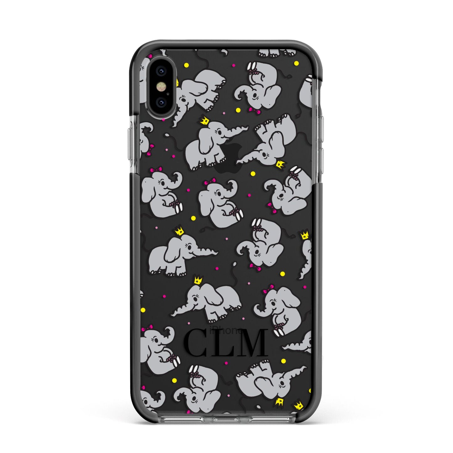 Personalised Elephant Initials Clear Apple iPhone Xs Max Impact Case Black Edge on Black Phone