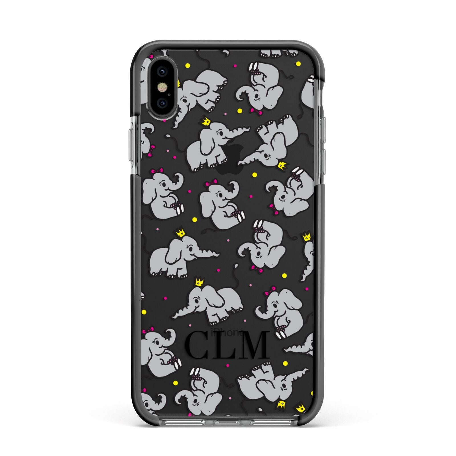 Personalised Elephant Initials Clear Apple iPhone Xs Max Impact Case Black Edge on Black Phone