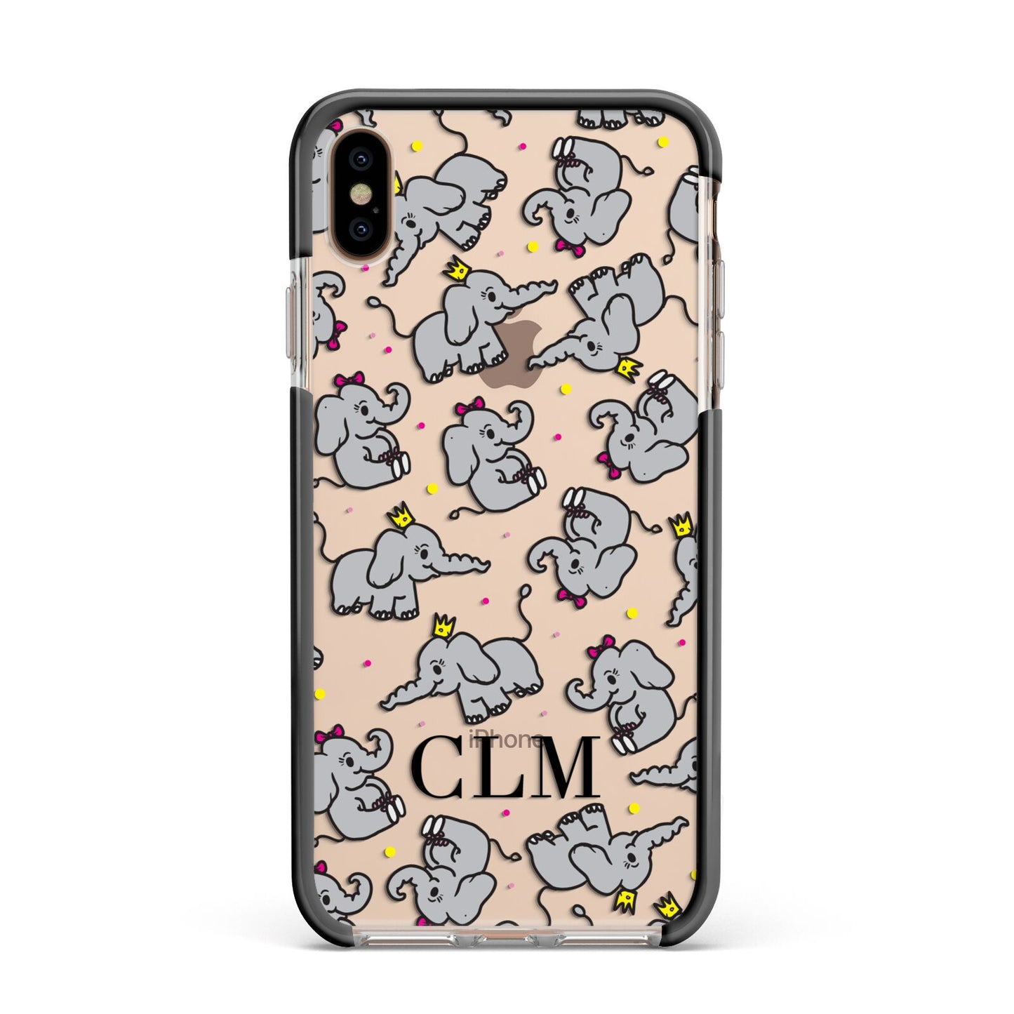Personalised Elephant Initials Clear Apple iPhone Xs Max Impact Case Black Edge on Gold Phone