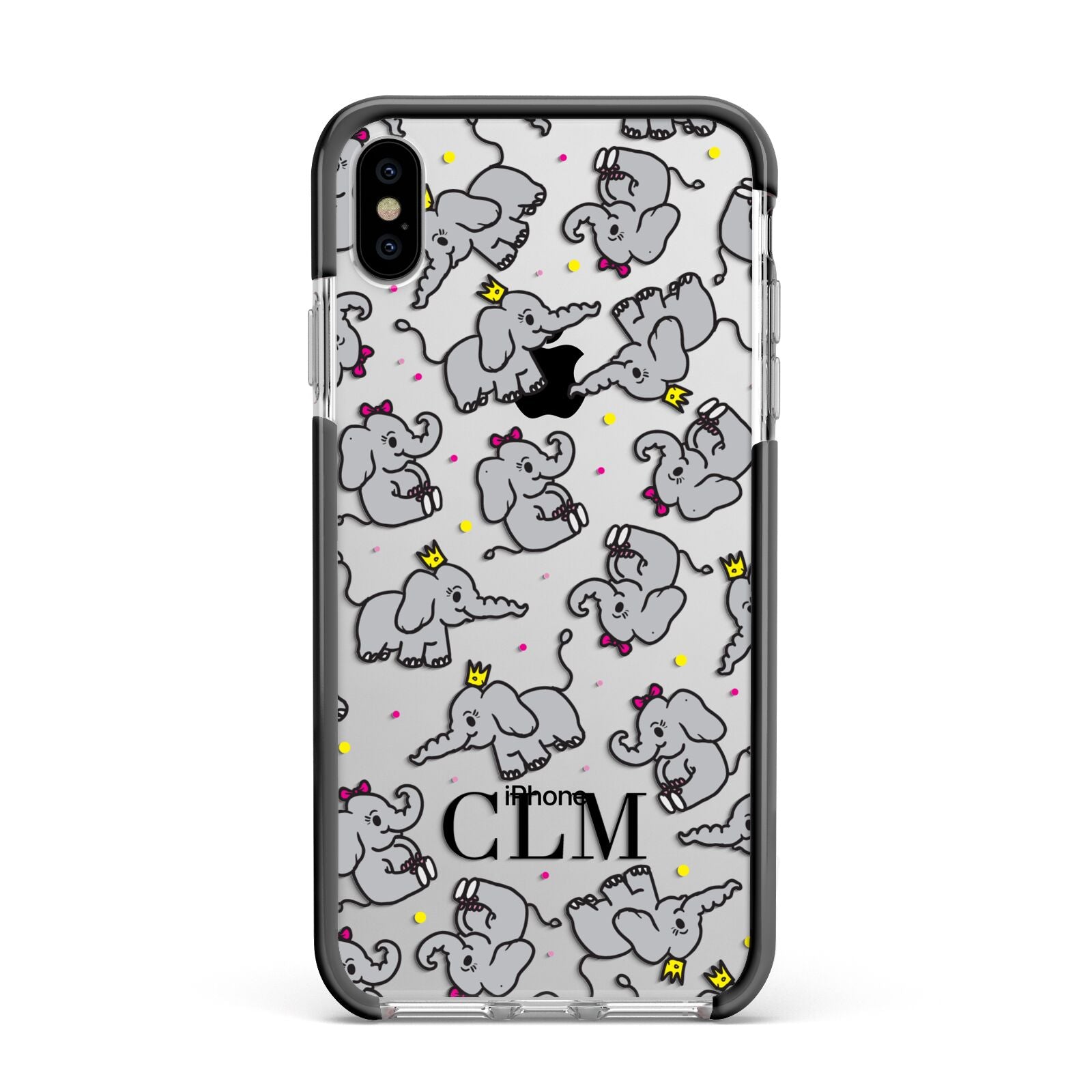 Personalised Elephant Initials Clear Apple iPhone Xs Max Impact Case Black Edge on Silver Phone