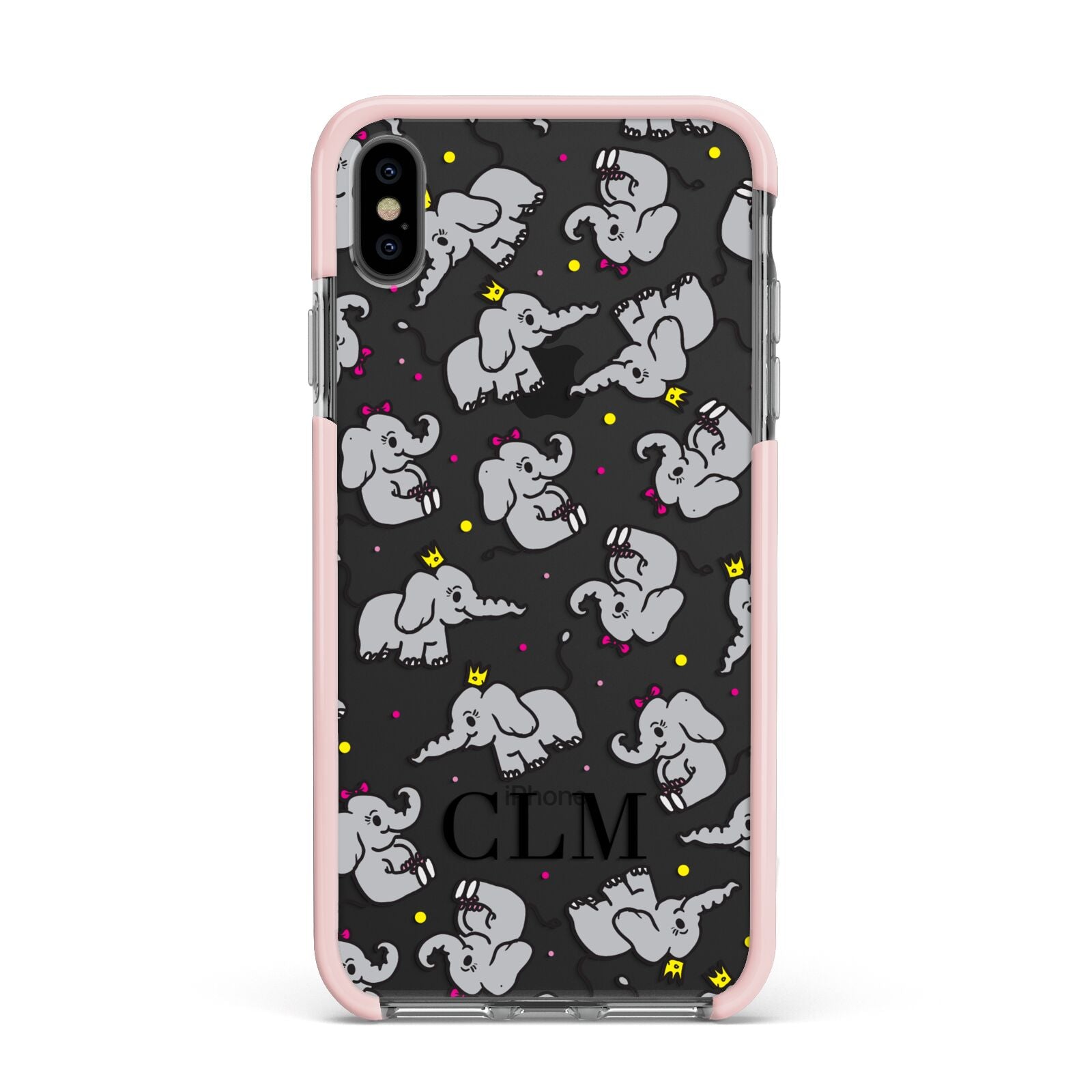 Personalised Elephant Initials Clear Apple iPhone Xs Max Impact Case Pink Edge on Black Phone