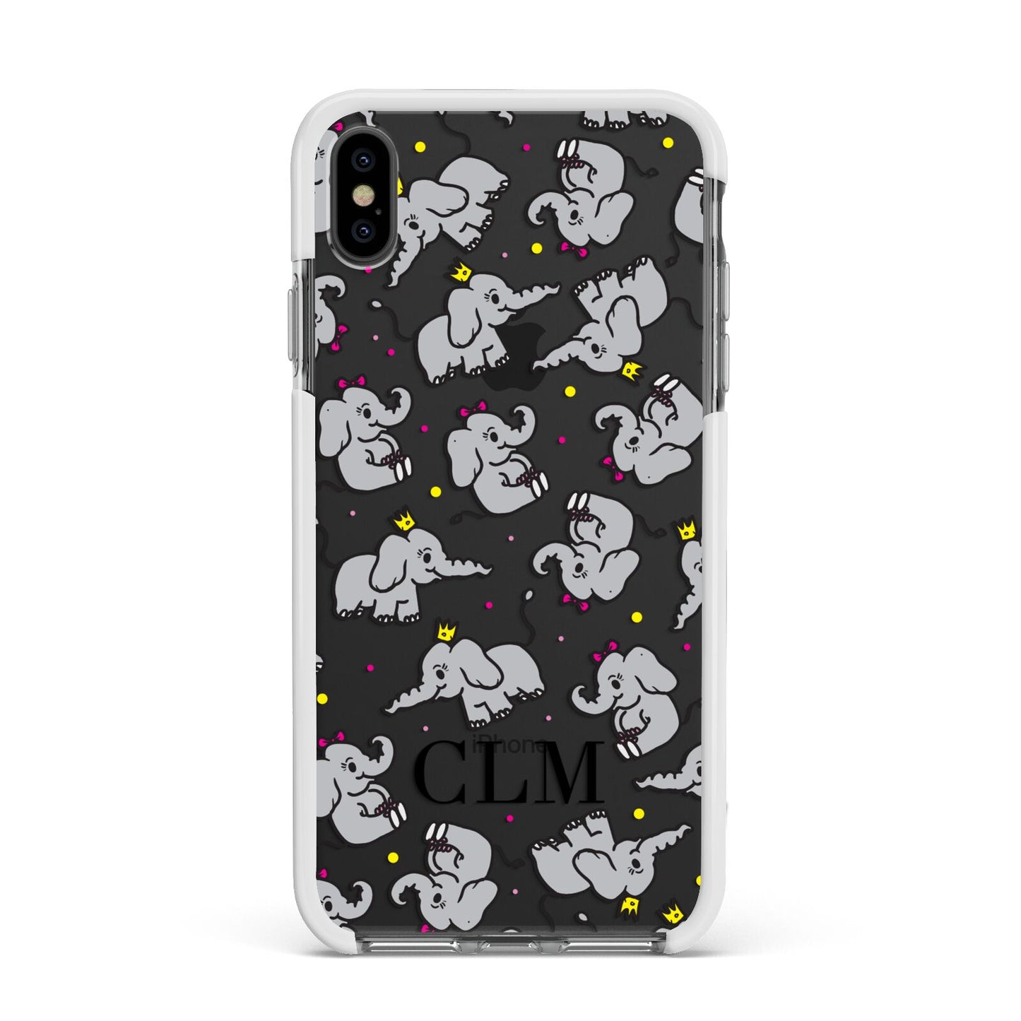 Personalised Elephant Initials Clear Apple iPhone Xs Max Impact Case White Edge on Black Phone