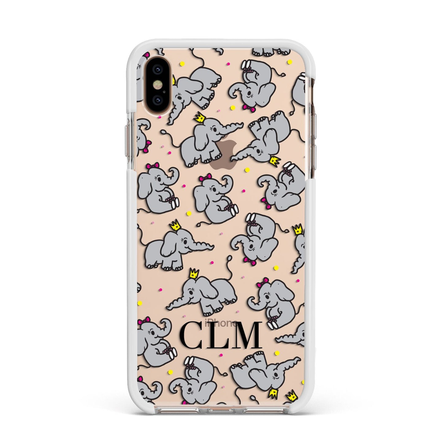 Personalised Elephant Initials Clear Apple iPhone Xs Max Impact Case White Edge on Gold Phone