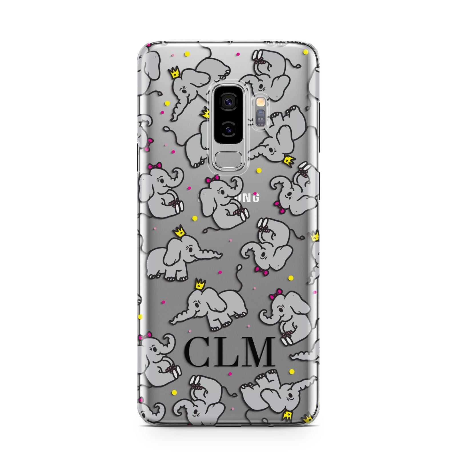 Personalised Elephant Initials Clear Samsung Galaxy S9 Plus Case on Silver phone