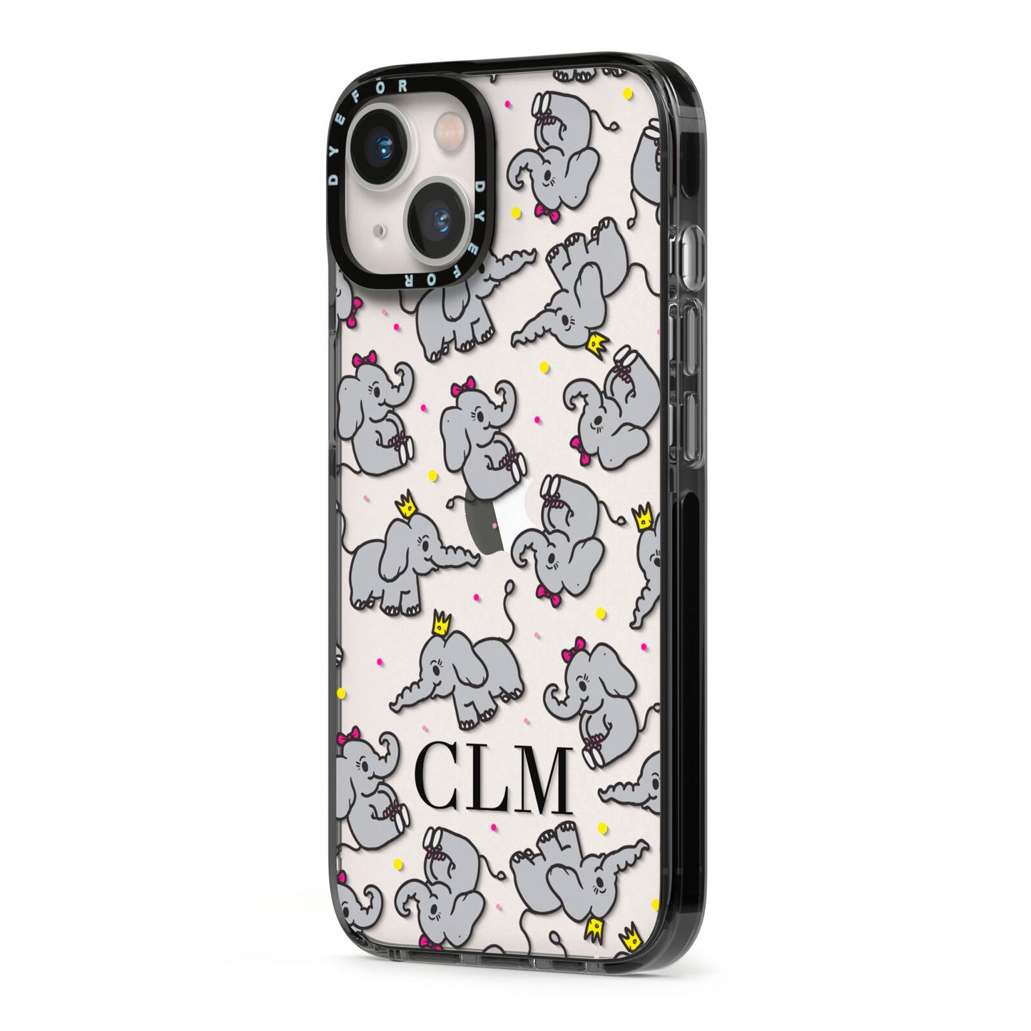 Personalised Elephant Initials Clear iPhone 13 Black Impact Case Side Angle on Silver phone