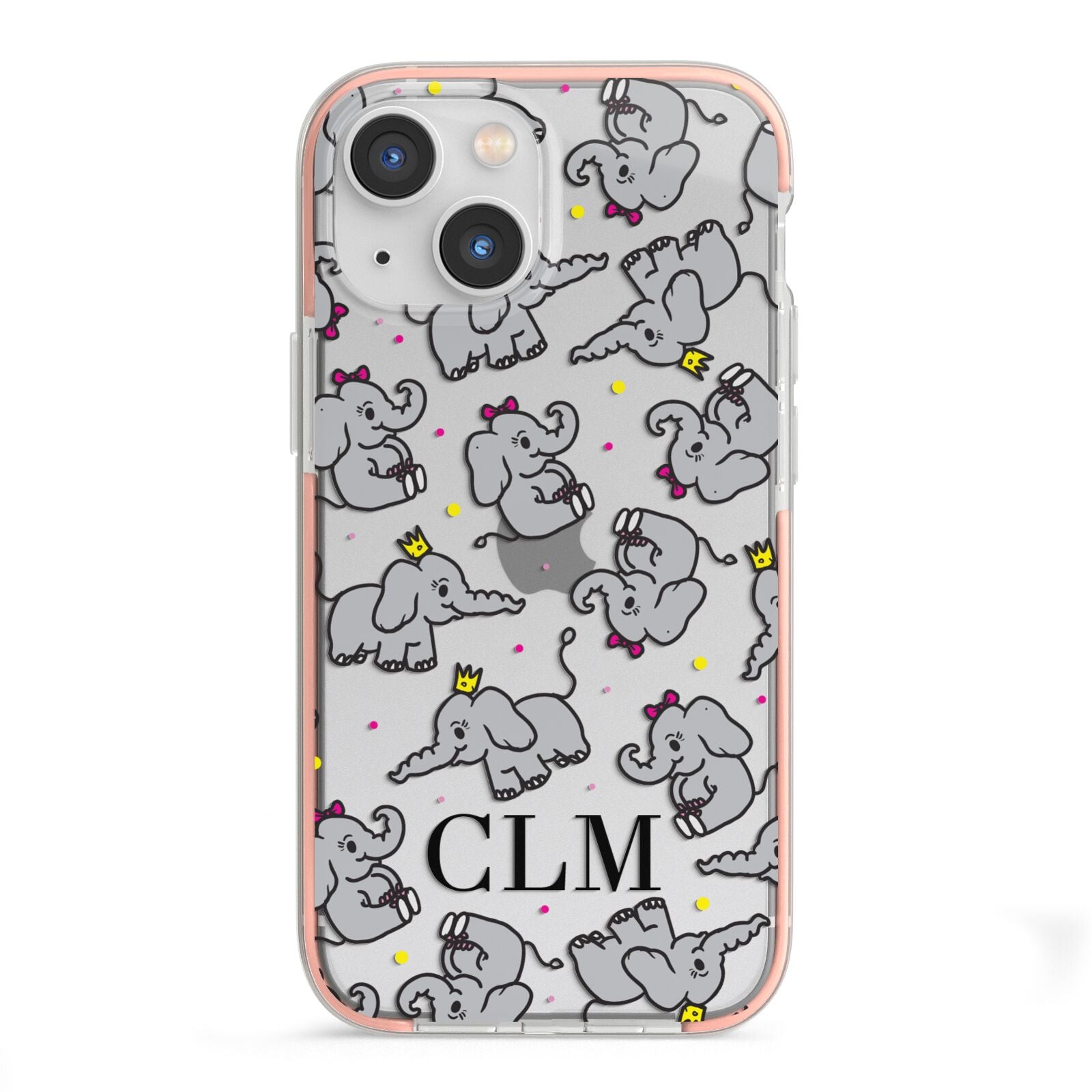 Personalised Elephant Initials Clear iPhone 13 Mini TPU Impact Case with Pink Edges
