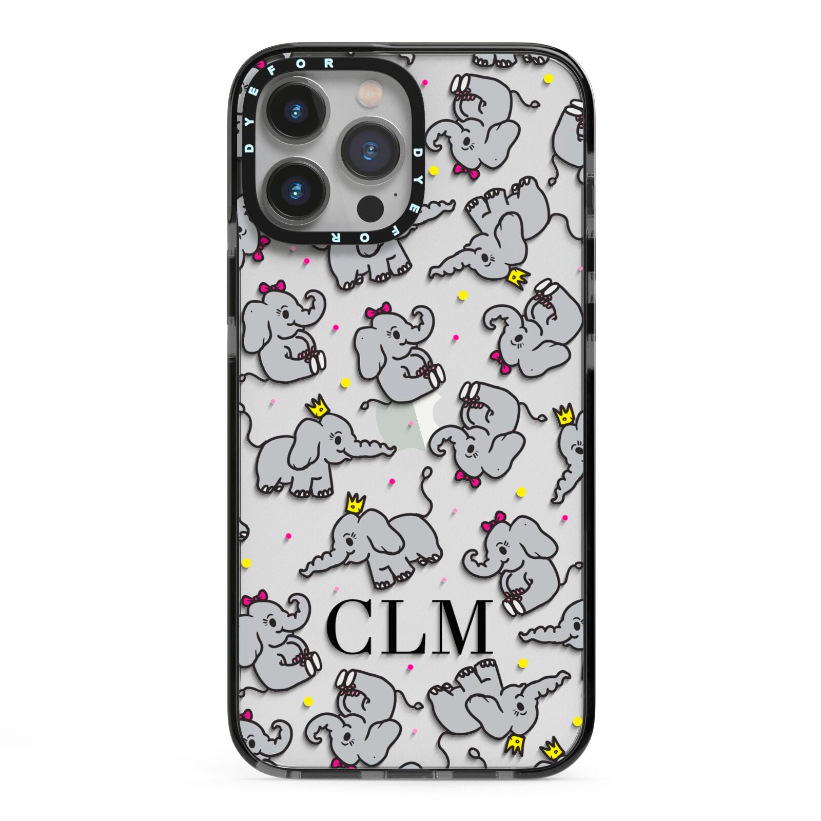 Personalised Elephant Initials Clear iPhone 13 Pro Max Black Impact Case on Silver phone