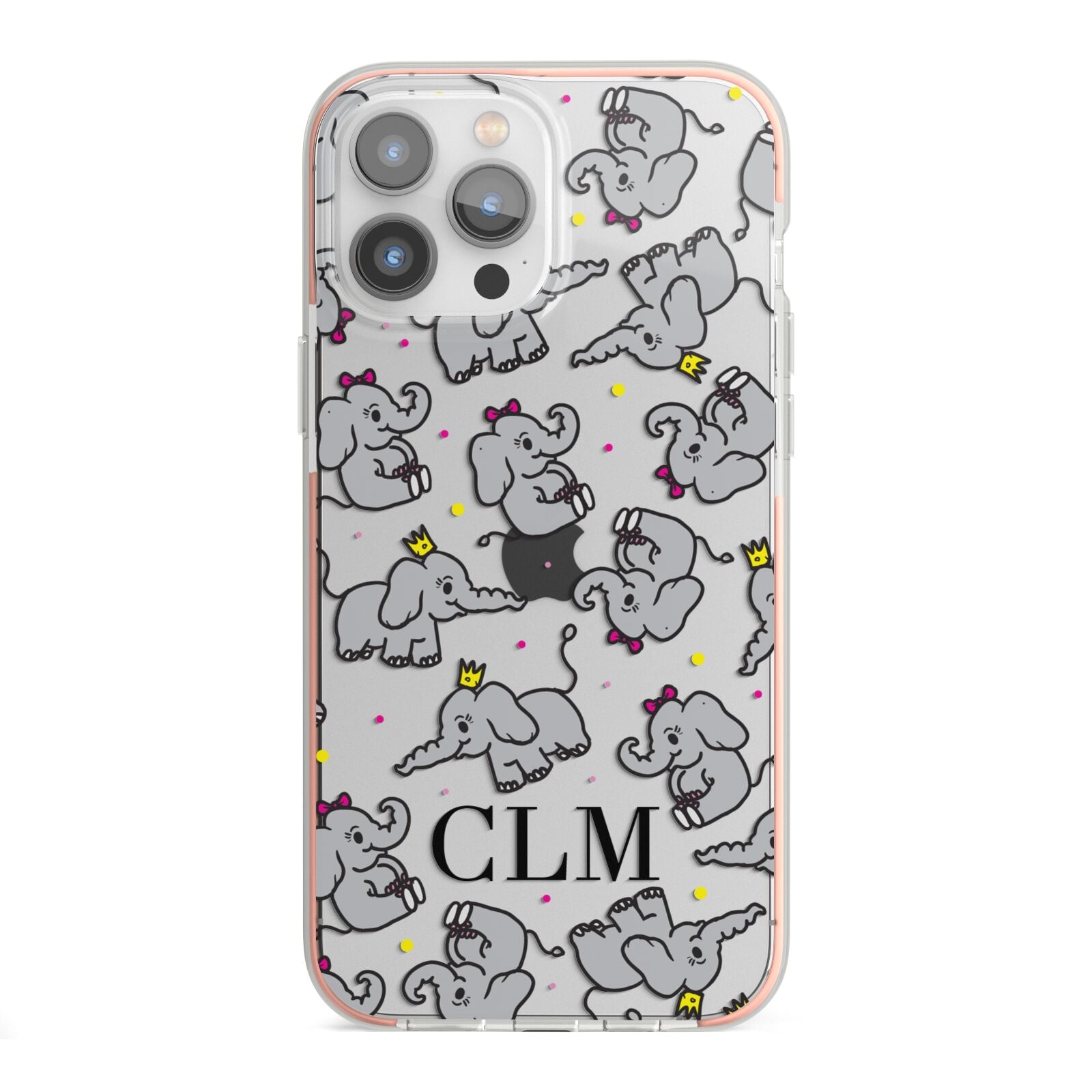 Personalised Elephant Initials Clear iPhone 13 Pro Max TPU Impact Case with Pink Edges
