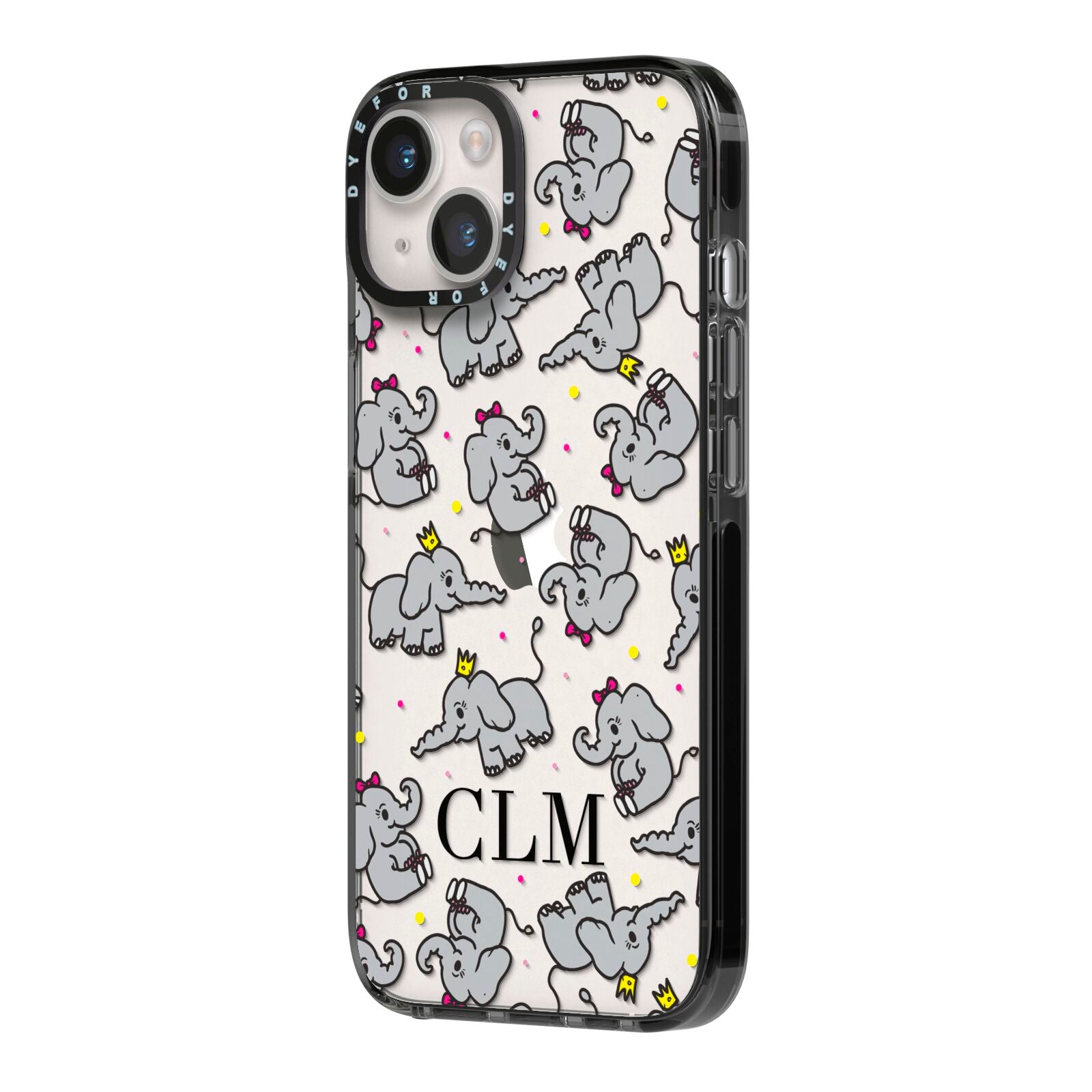 Personalised Elephant Initials Clear iPhone 14 Black Impact Case Side Angle on Silver phone