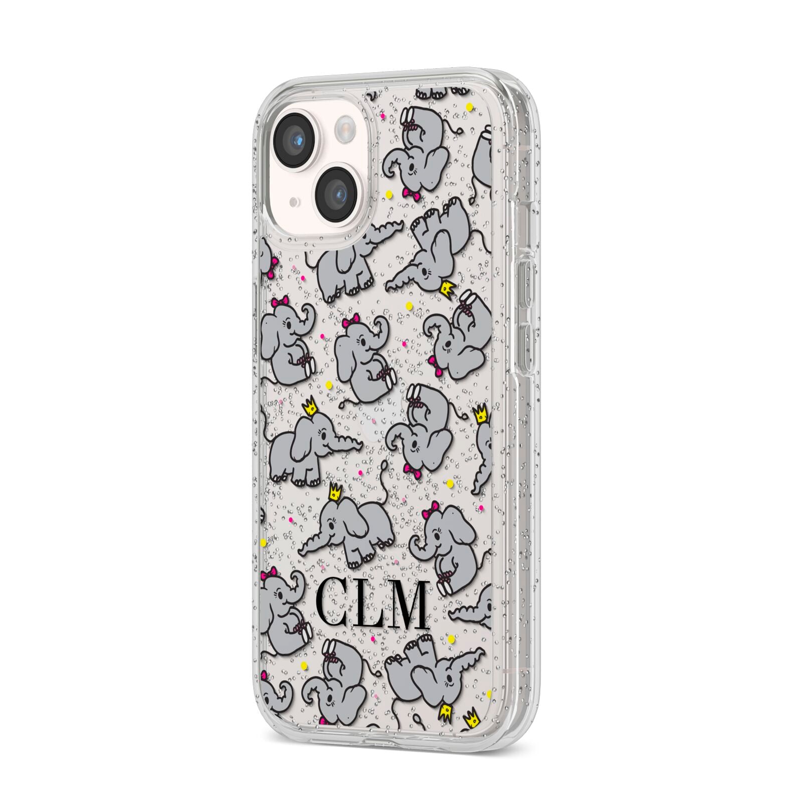 Personalised Elephant Initials Clear iPhone 14 Glitter Tough Case Starlight Angled Image