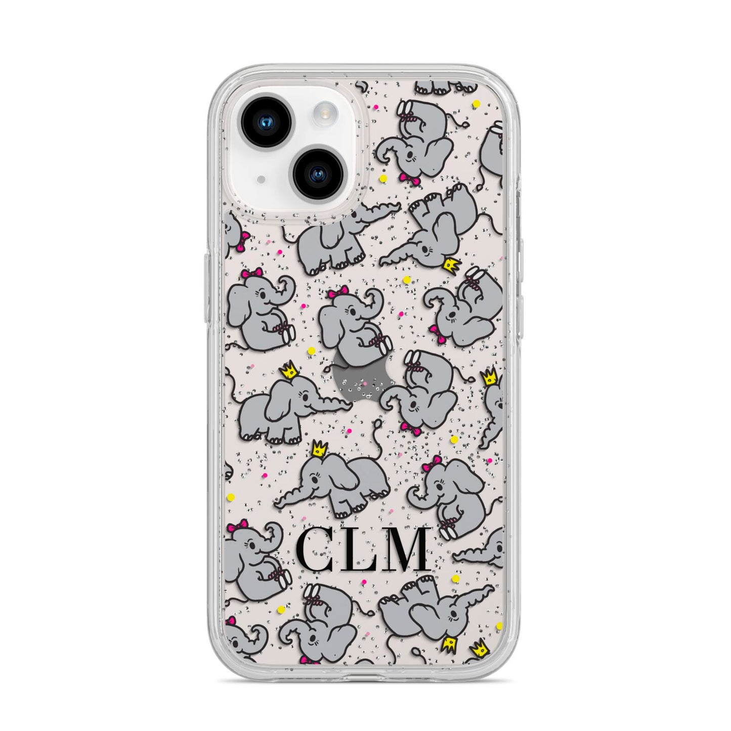 Personalised Elephant Initials Clear iPhone 14 Glitter Tough Case Starlight