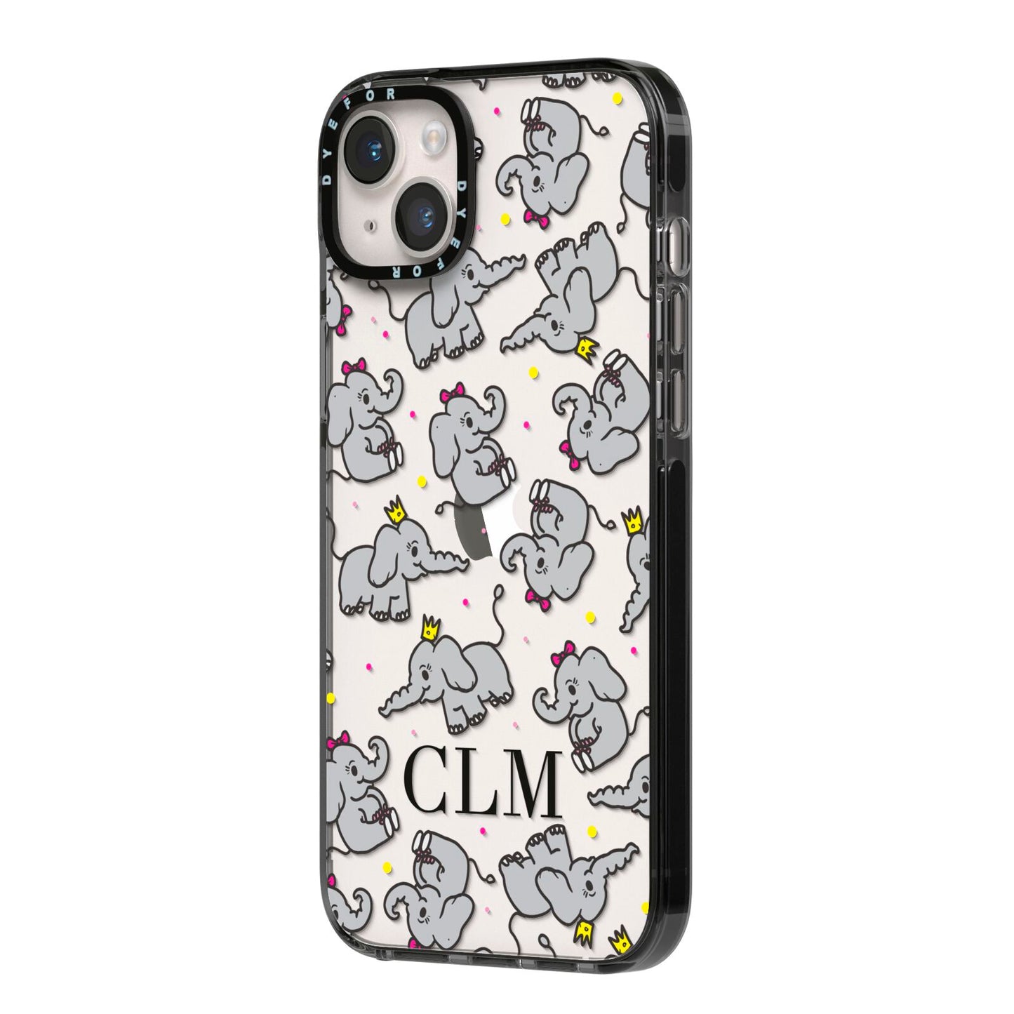 Personalised Elephant Initials Clear iPhone 14 Plus Black Impact Case Side Angle on Silver phone