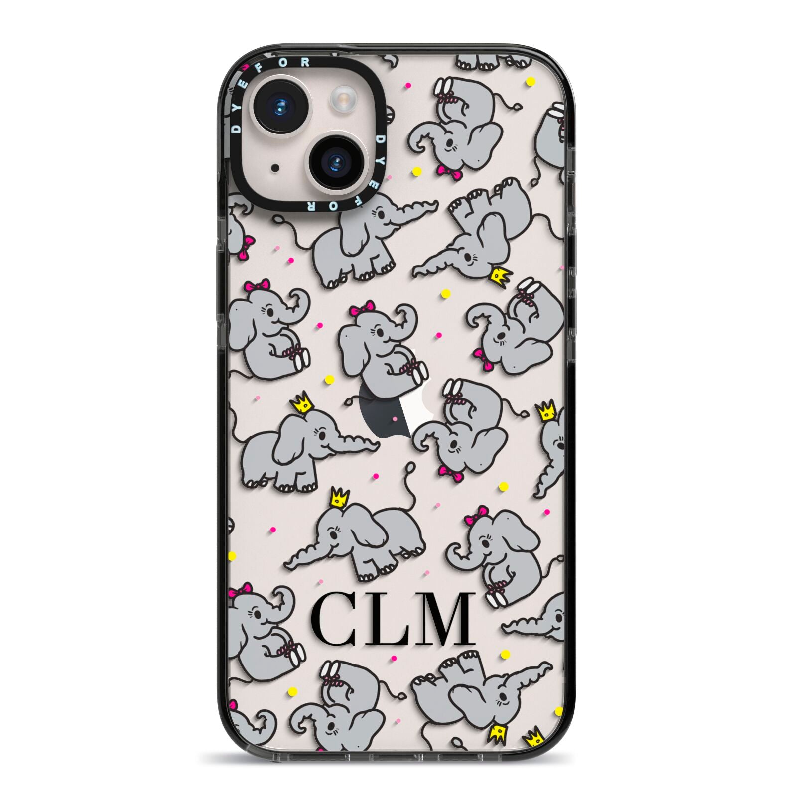 Personalised Elephant Initials Clear iPhone 14 Plus Black Impact Case on Silver phone