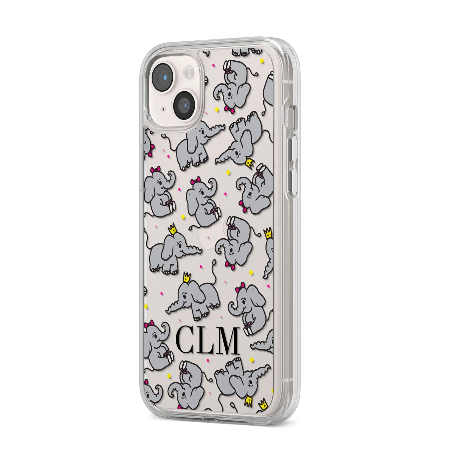 Personalised Elephant Initials Clear iPhone 14 Plus Clear Tough Case Starlight Angled Image