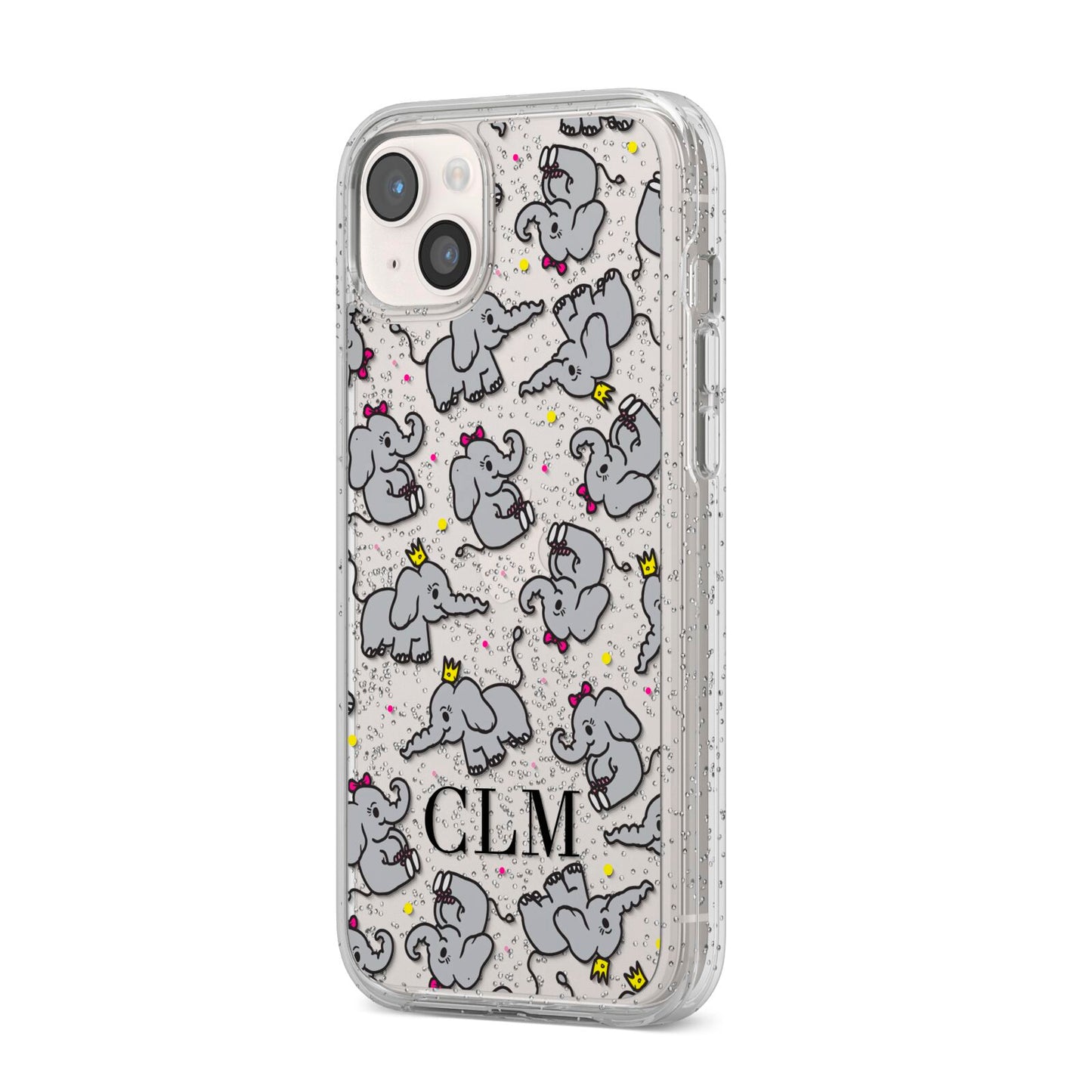 Personalised Elephant Initials Clear iPhone 14 Plus Glitter Tough Case Starlight Angled Image