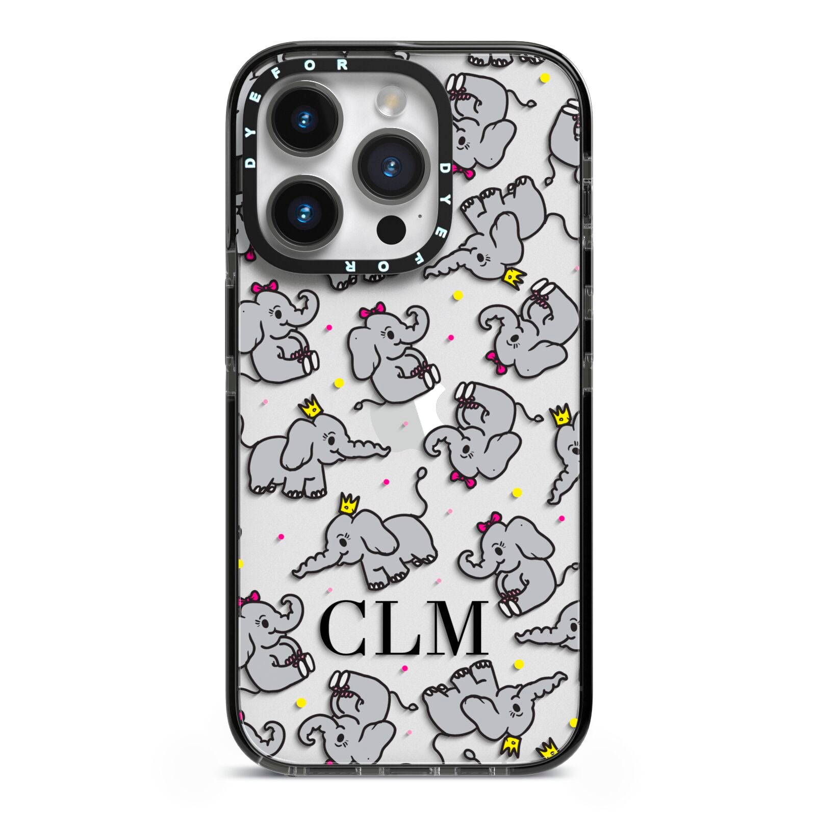 Personalised Elephant Initials Clear iPhone 14 Pro Black Impact Case on Silver phone