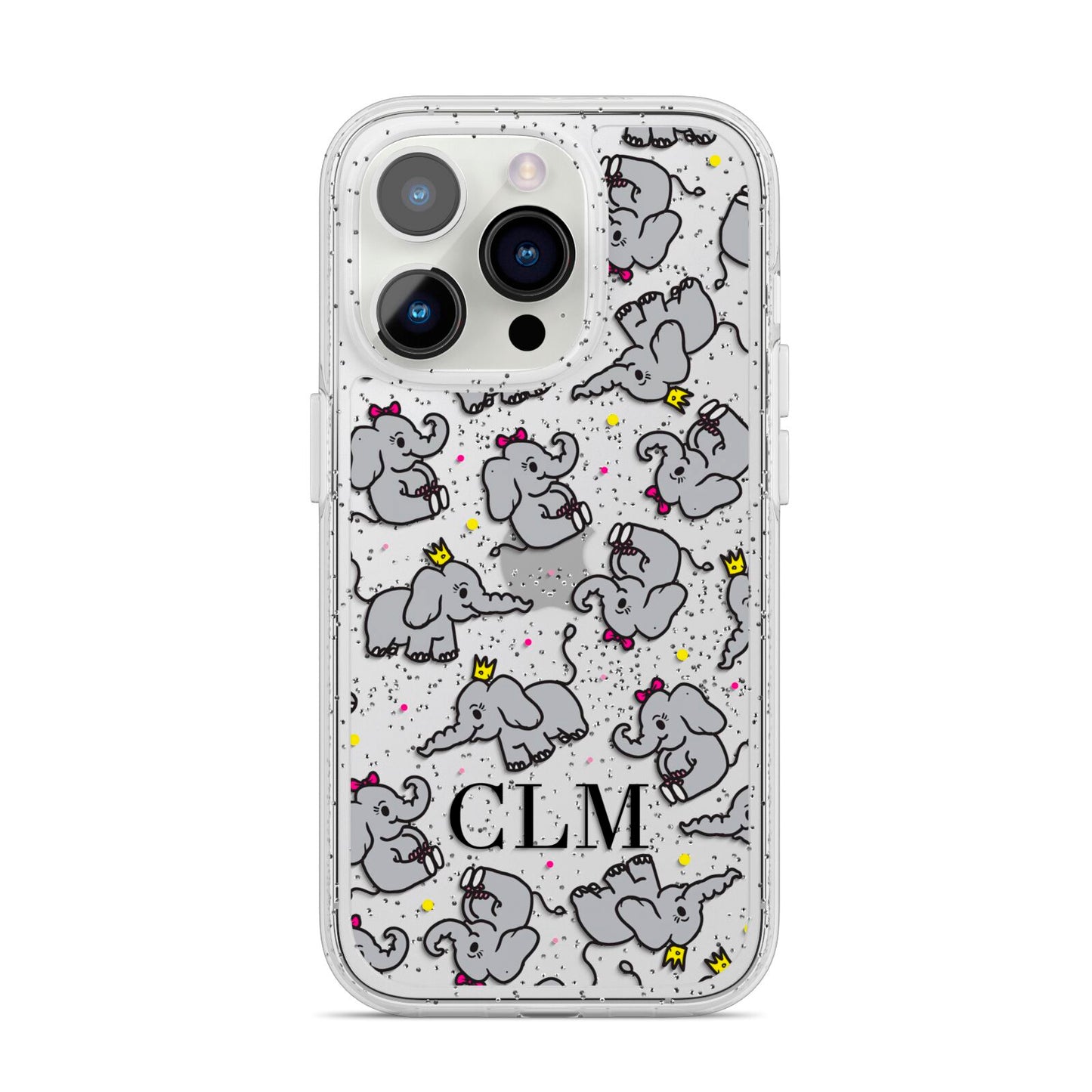 Personalised Elephant Initials Clear iPhone 14 Pro Glitter Tough Case Silver