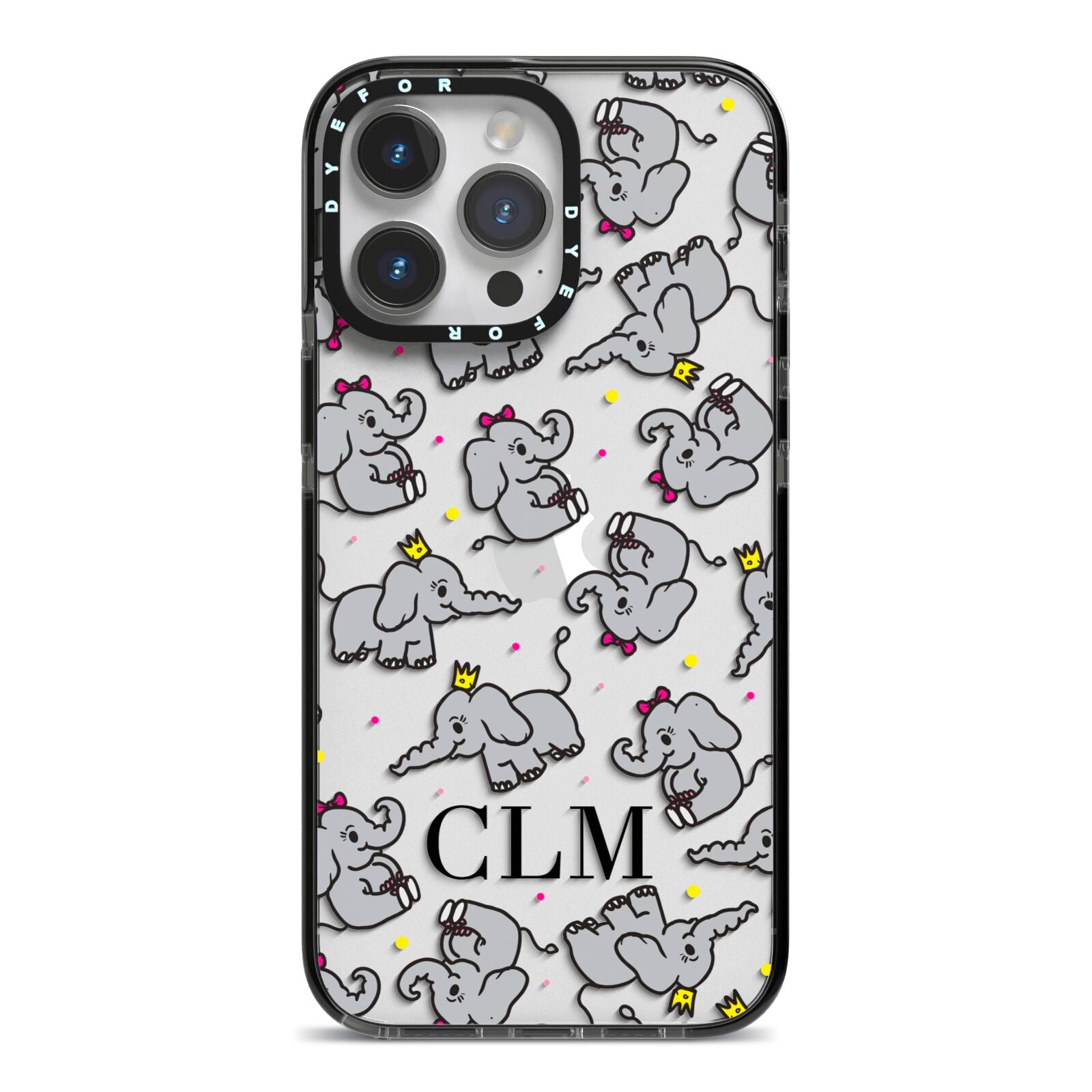 Personalised Elephant Initials Clear iPhone 14 Pro Max Black Impact Case on Silver phone