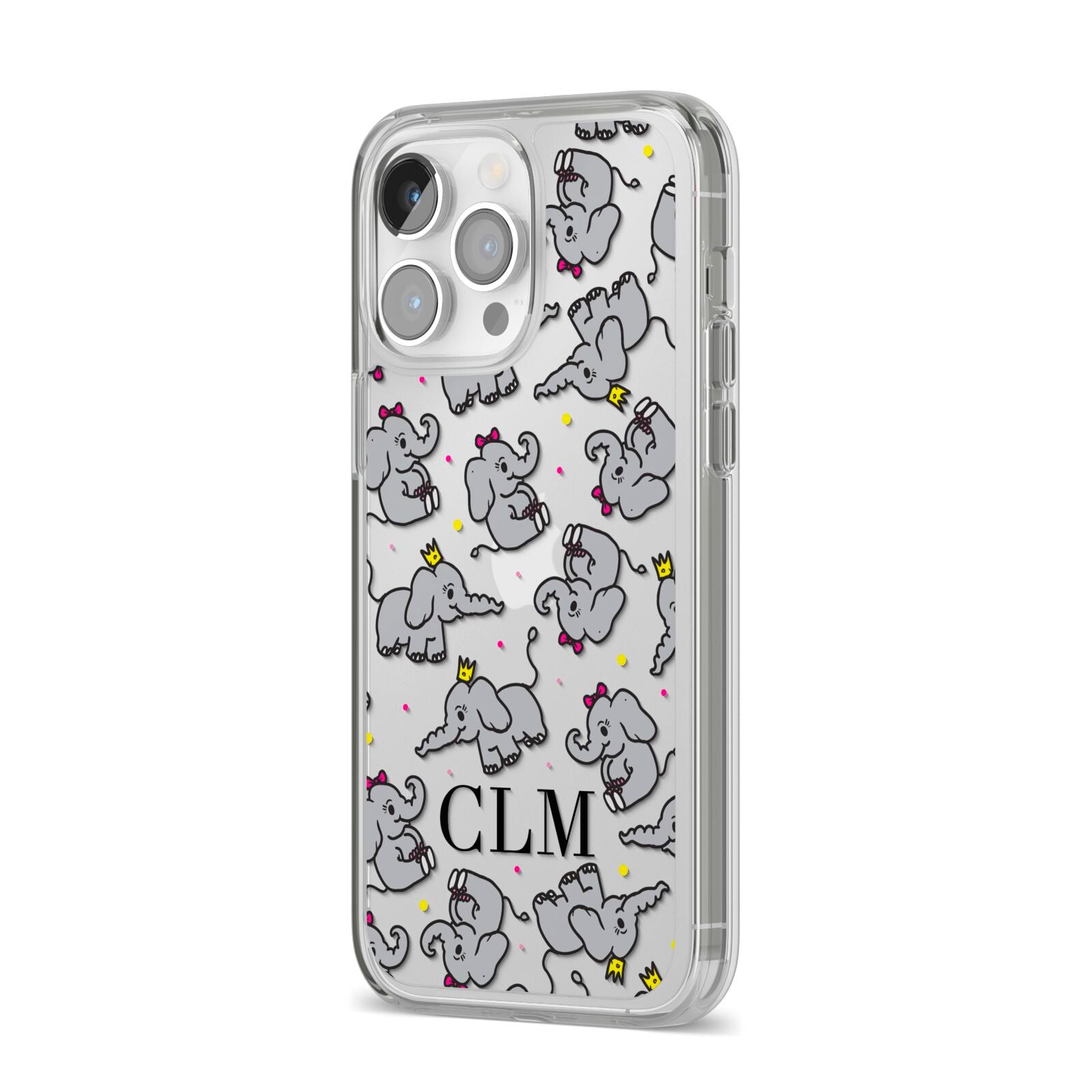 Personalised Elephant Initials Clear iPhone 14 Pro Max Clear Tough Case Silver Angled Image