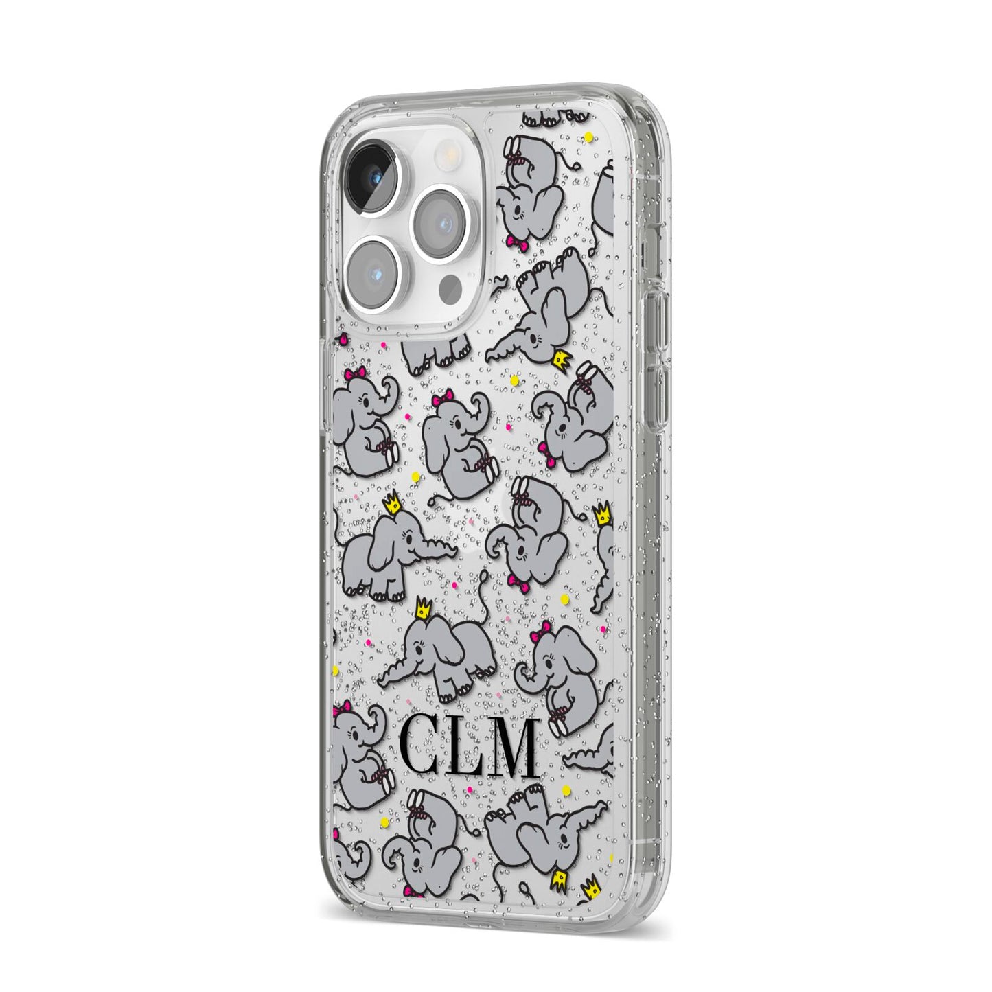 Personalised Elephant Initials Clear iPhone 14 Pro Max Glitter Tough Case Silver Angled Image