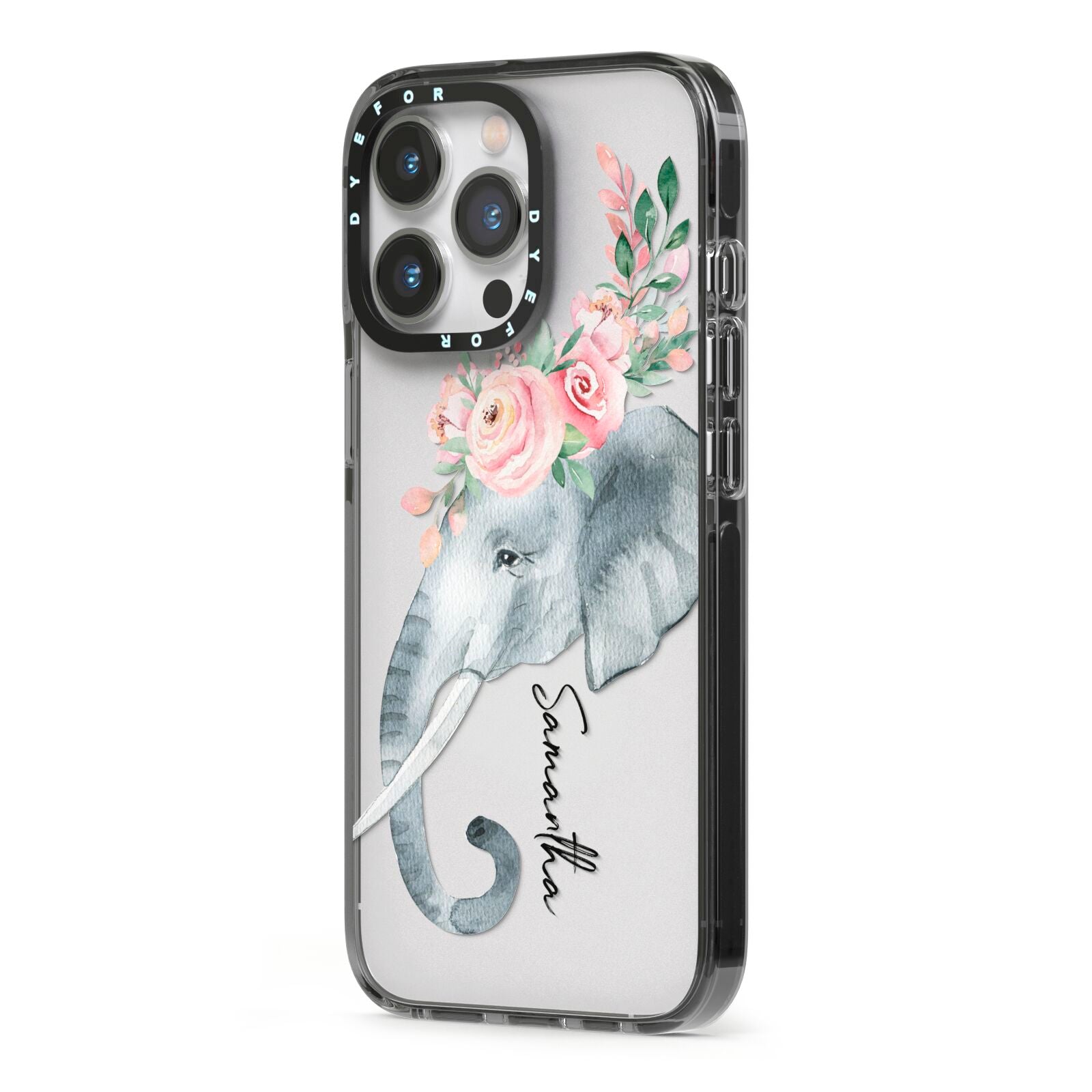 Personalised Elephant iPhone 13 Pro Black Impact Case Side Angle on Silver phone