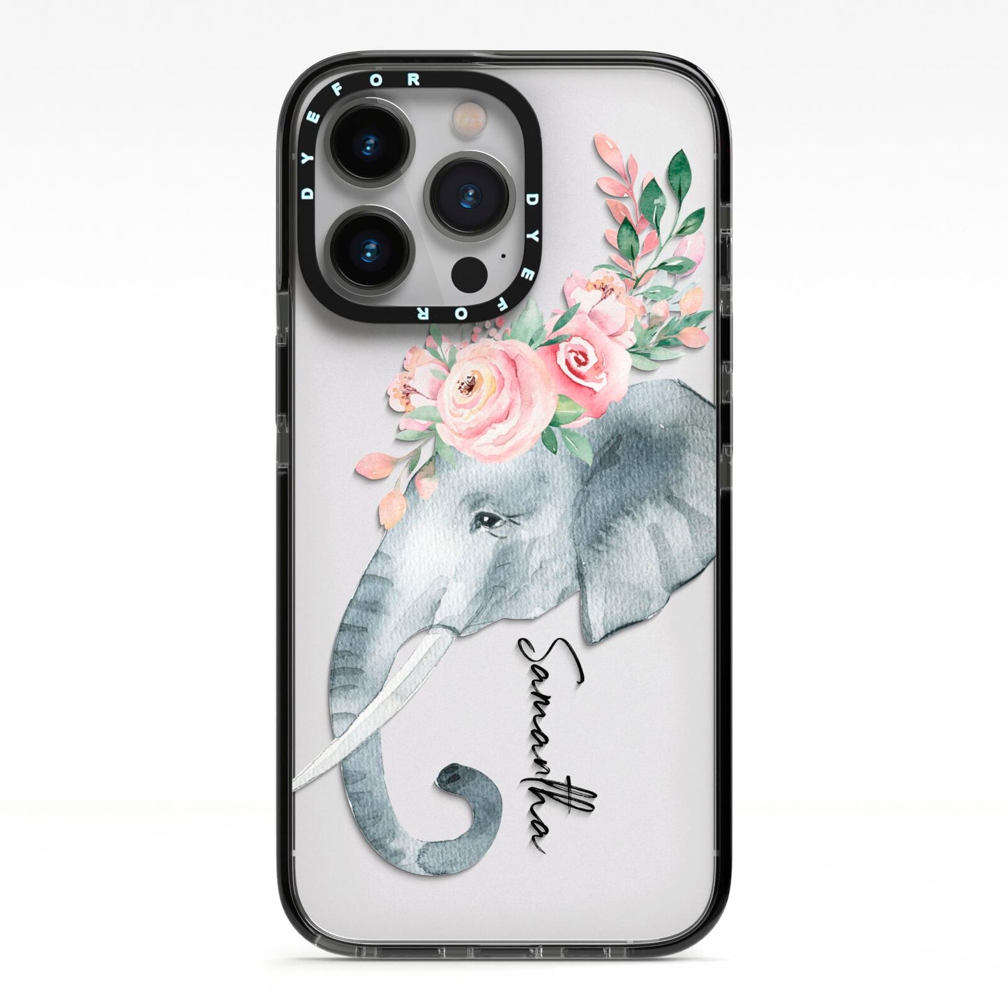 Personalised Elephant iPhone 13 Pro Black Impact Case on Silver phone