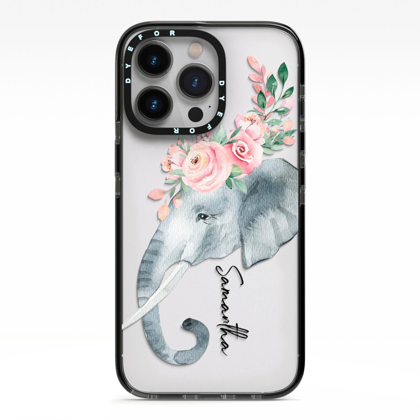 Personalised Elephant iPhone 13 Pro Black Impact Case on Silver phone