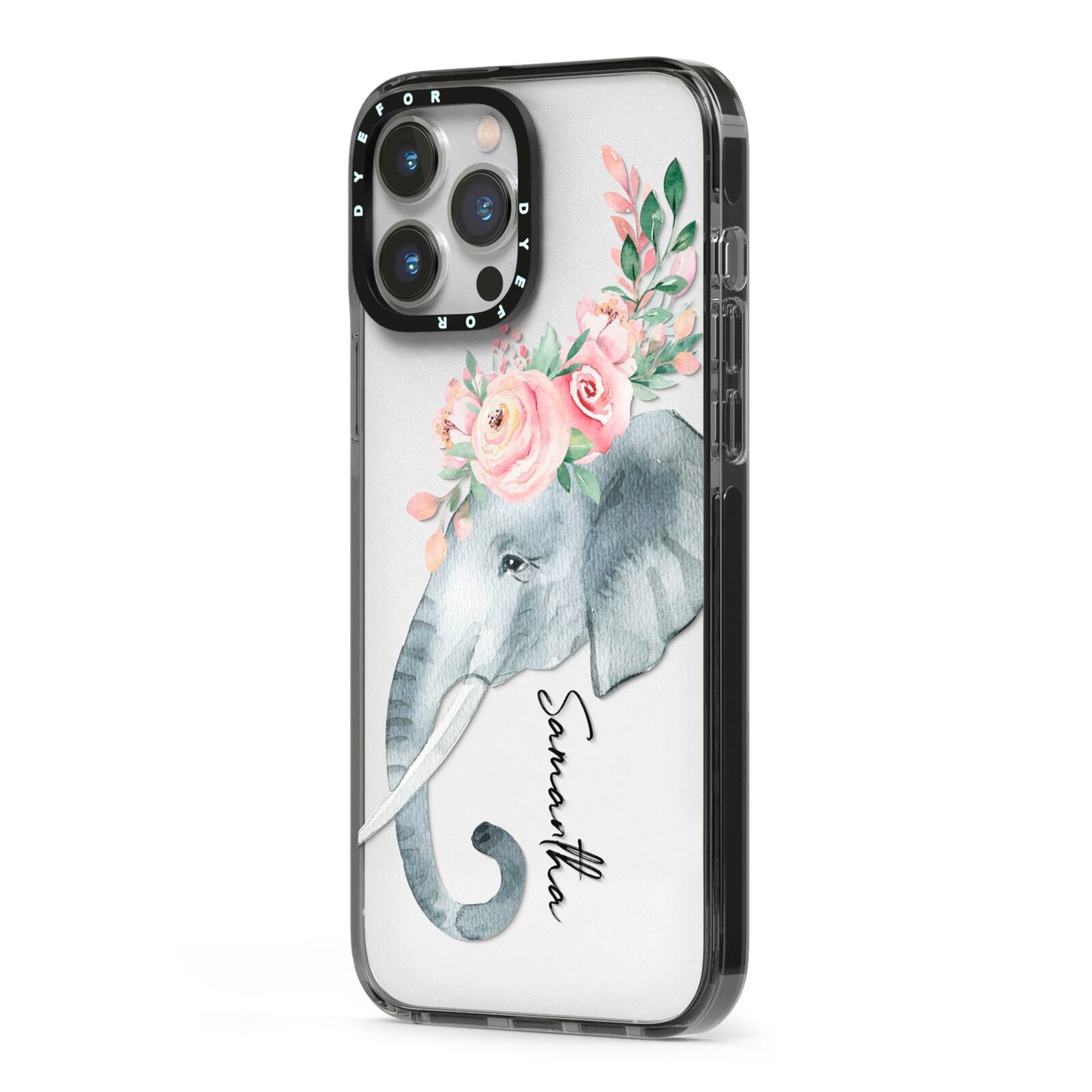 Personalised Elephant iPhone 13 Pro Max Black Impact Case Side Angle on Silver phone