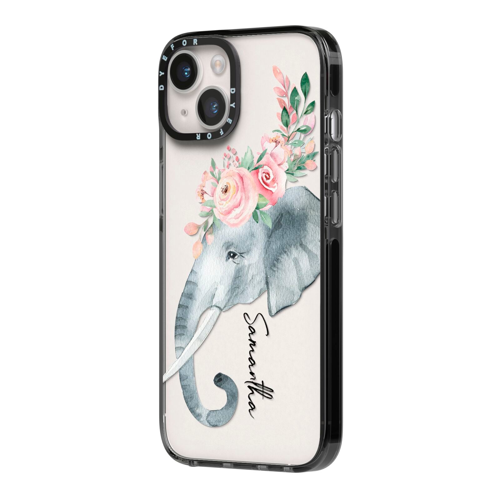 Personalised Elephant iPhone 14 Black Impact Case Side Angle on Silver phone