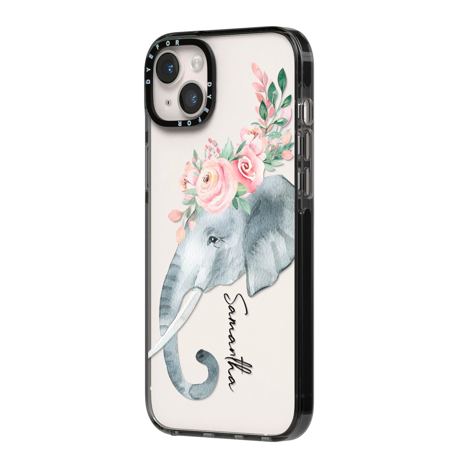 Personalised Elephant iPhone 14 Plus Black Impact Case Side Angle on Silver phone