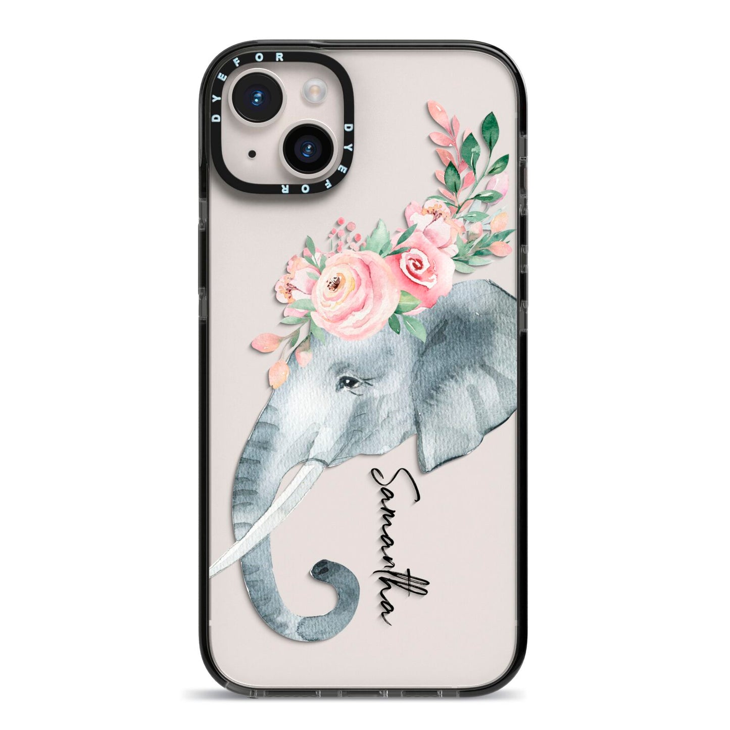 Personalised Elephant iPhone 14 Plus Black Impact Case on Silver phone