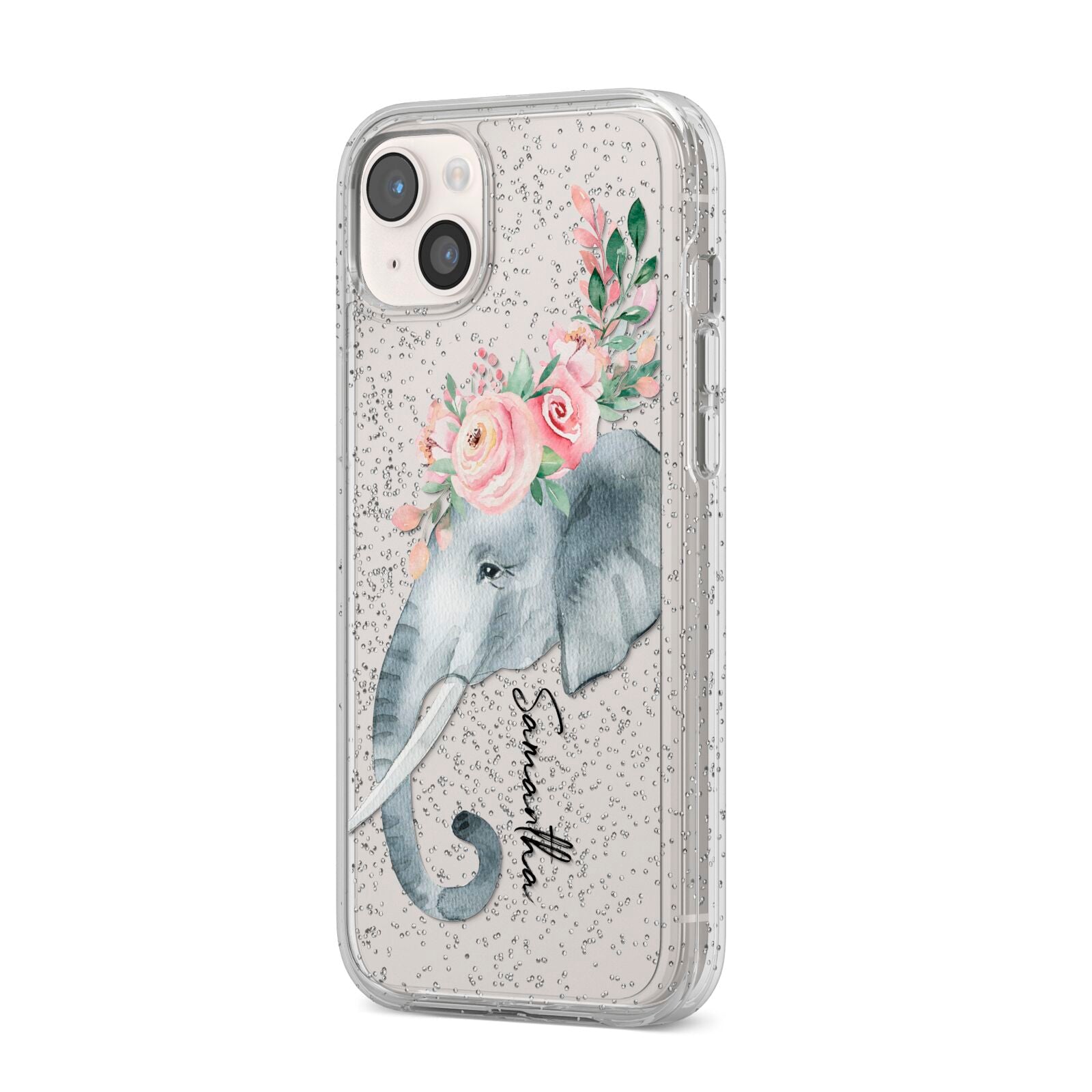 Personalised Elephant iPhone 14 Plus Glitter Tough Case Starlight Angled Image