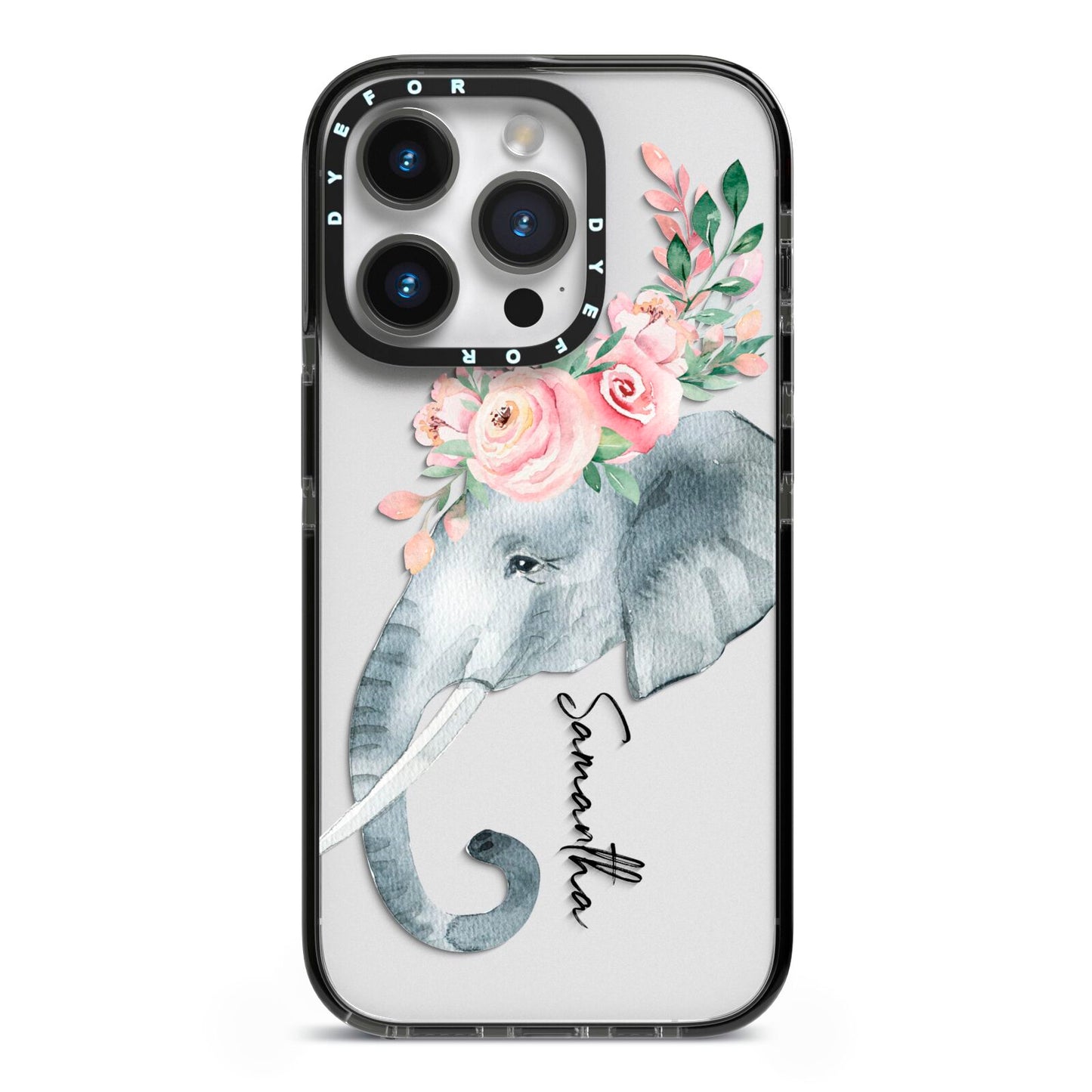 Personalised Elephant iPhone 14 Pro Black Impact Case on Silver phone