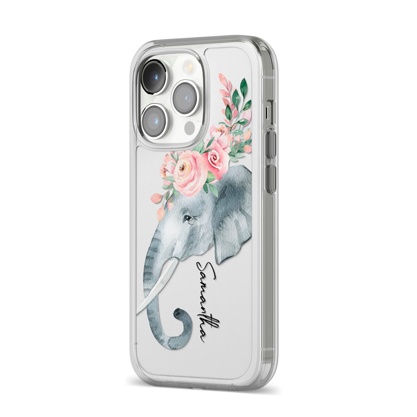 Personalised Elephant iPhone 14 Pro Clear Tough Case Silver Angled Image