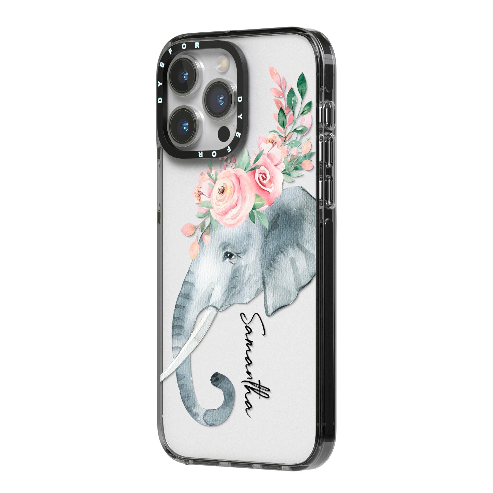 Personalised Elephant iPhone 14 Pro Max Black Impact Case Side Angle on Silver phone