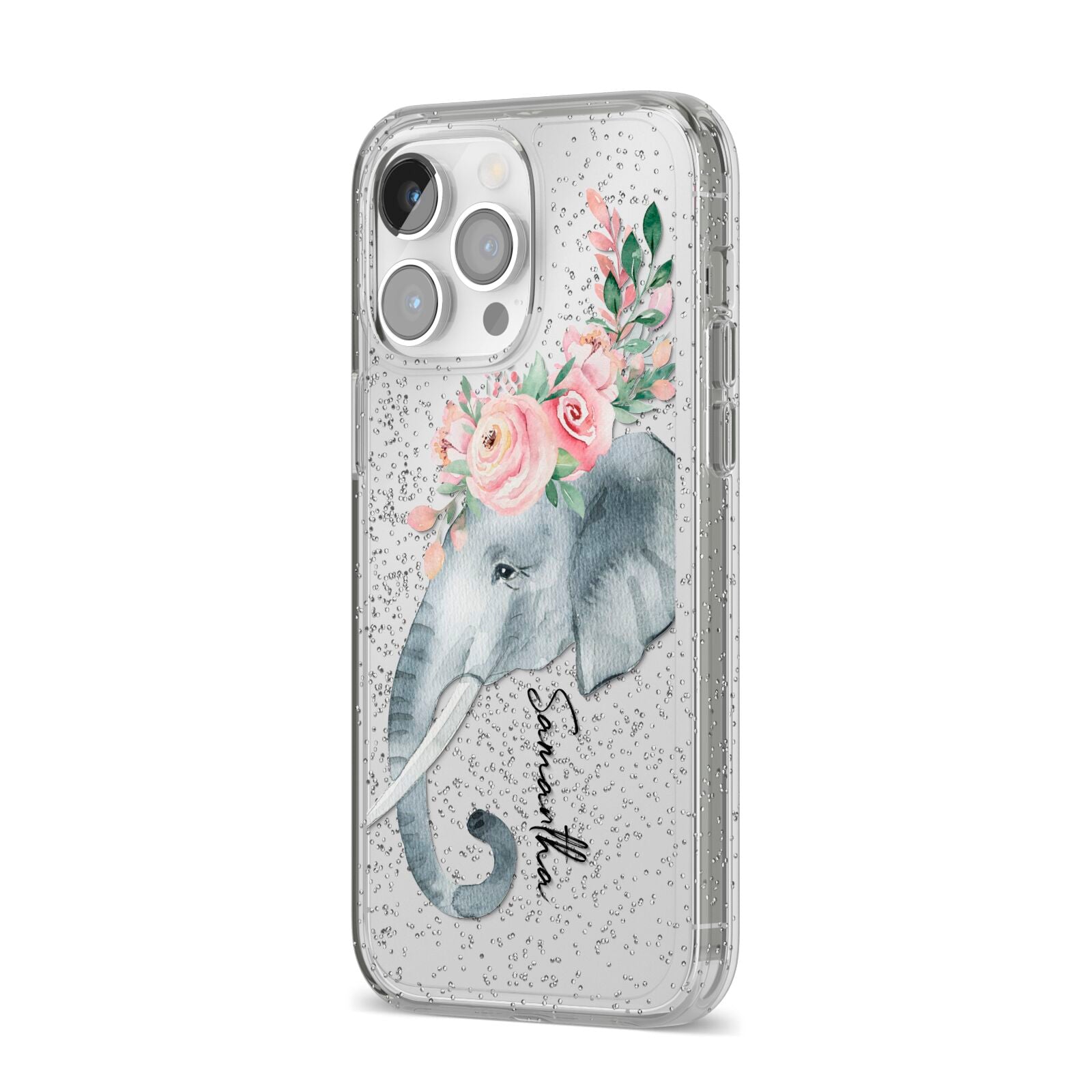 Personalised Elephant iPhone 14 Pro Max Glitter Tough Case Silver Angled Image