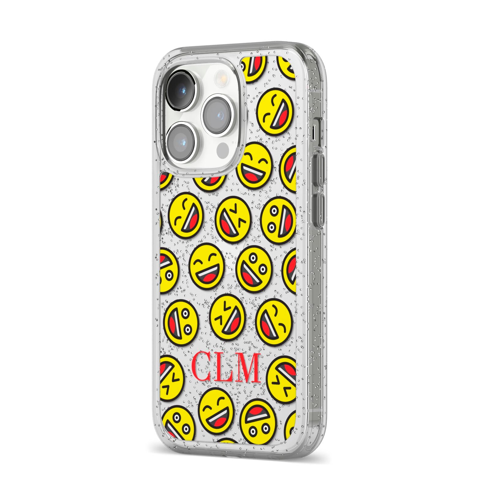 Personalised Emoji Initials Clear iPhone 14 Pro Glitter Tough Case Silver Angled Image