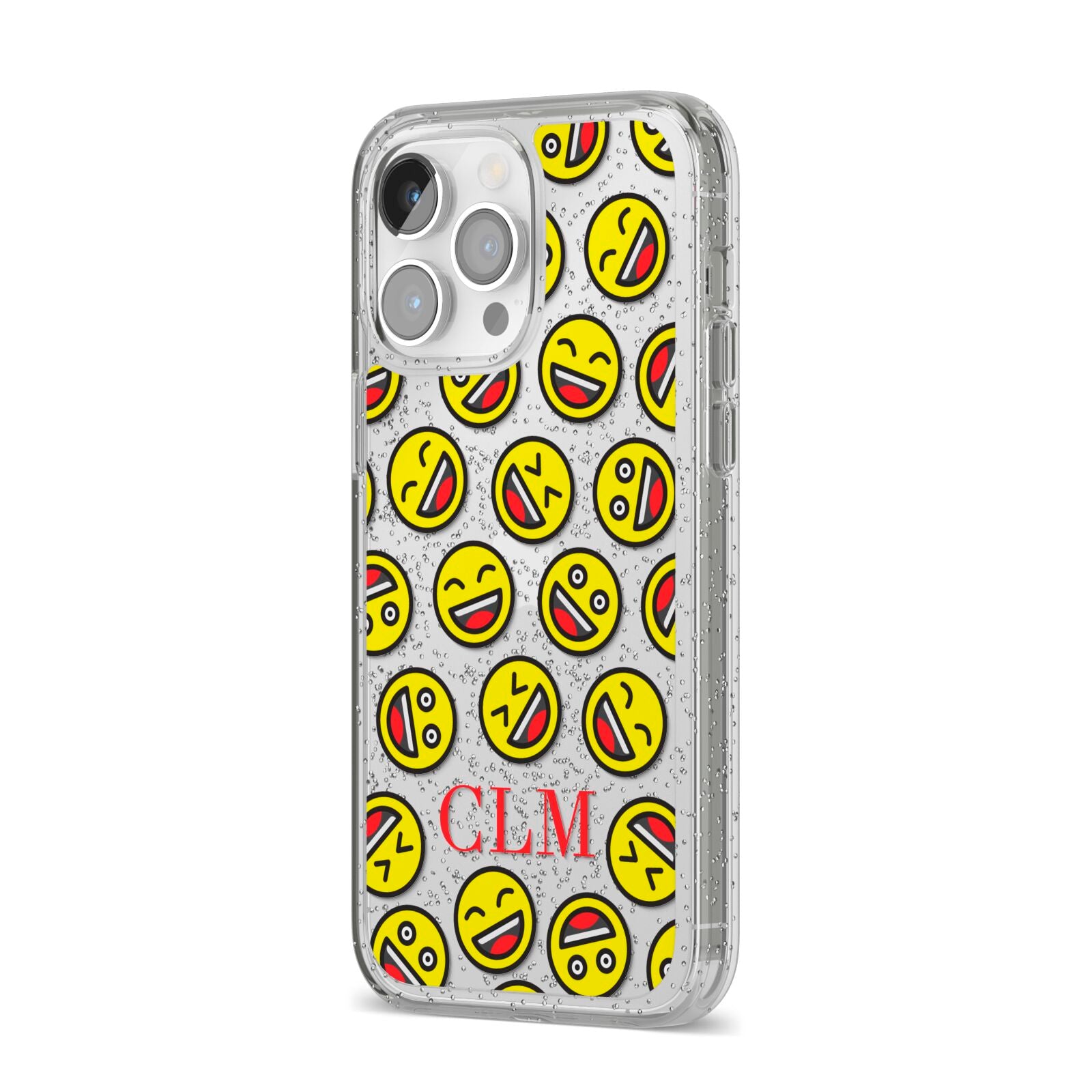 Personalised Emoji Initials Clear iPhone 14 Pro Max Glitter Tough Case Silver Angled Image