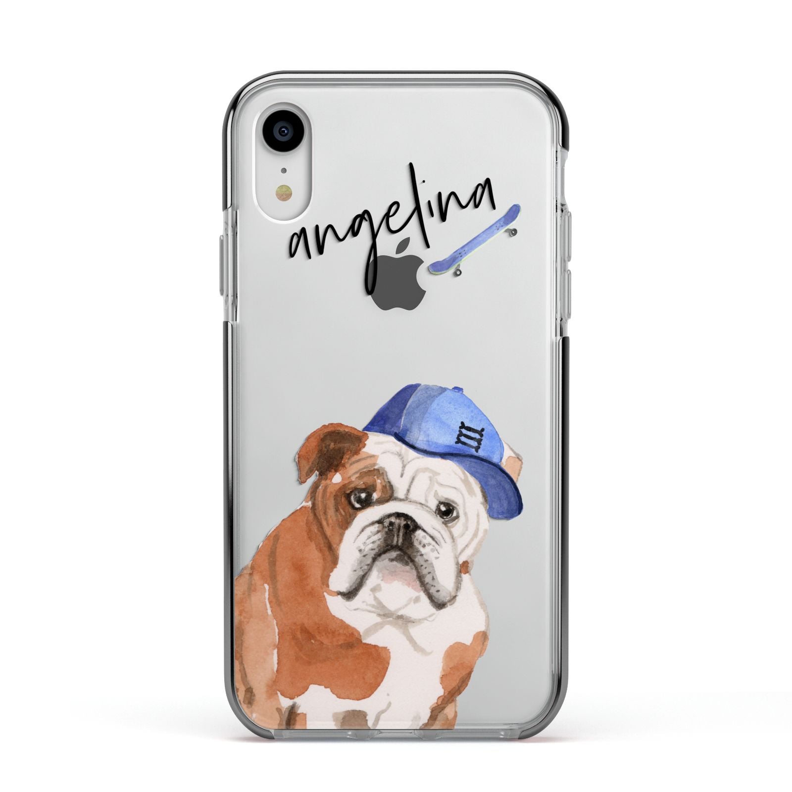 Personalised English Bulldog Apple iPhone XR Impact Case Black Edge on Silver Phone