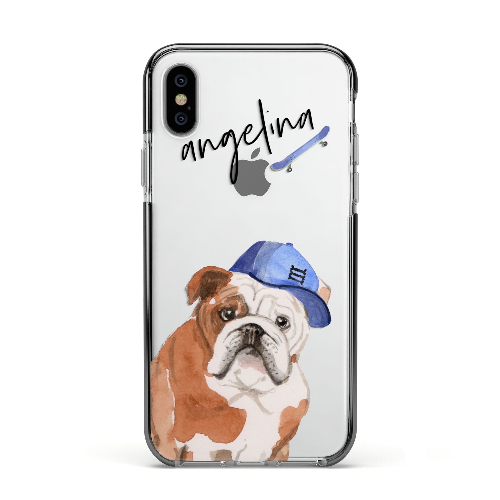 Personalised English Bulldog Apple iPhone Xs Impact Case Black Edge on Silver Phone