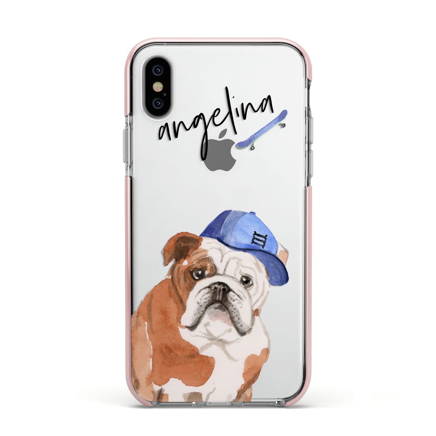 Personalised English Bulldog Apple iPhone Xs Impact Case Pink Edge on Silver Phone