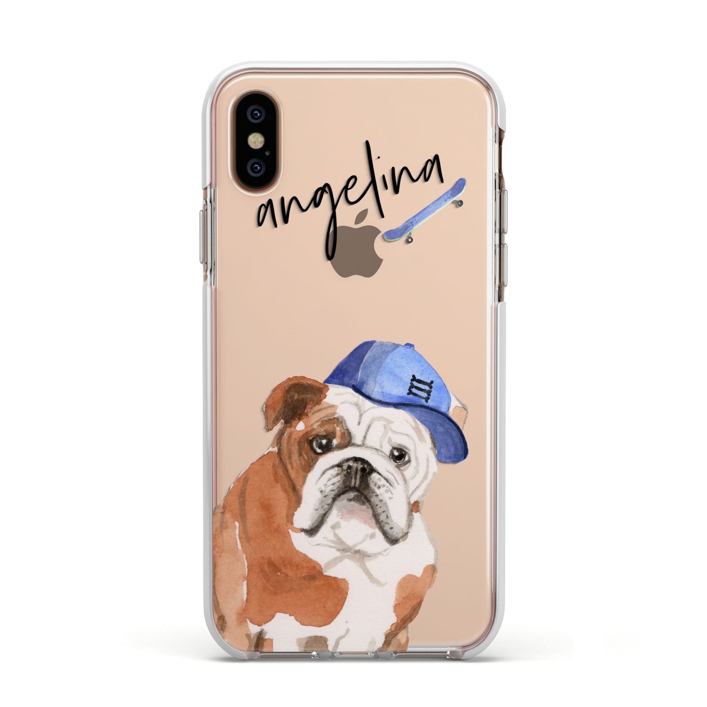 Personalised English Bulldog Apple iPhone Xs Impact Case White Edge on Gold Phone