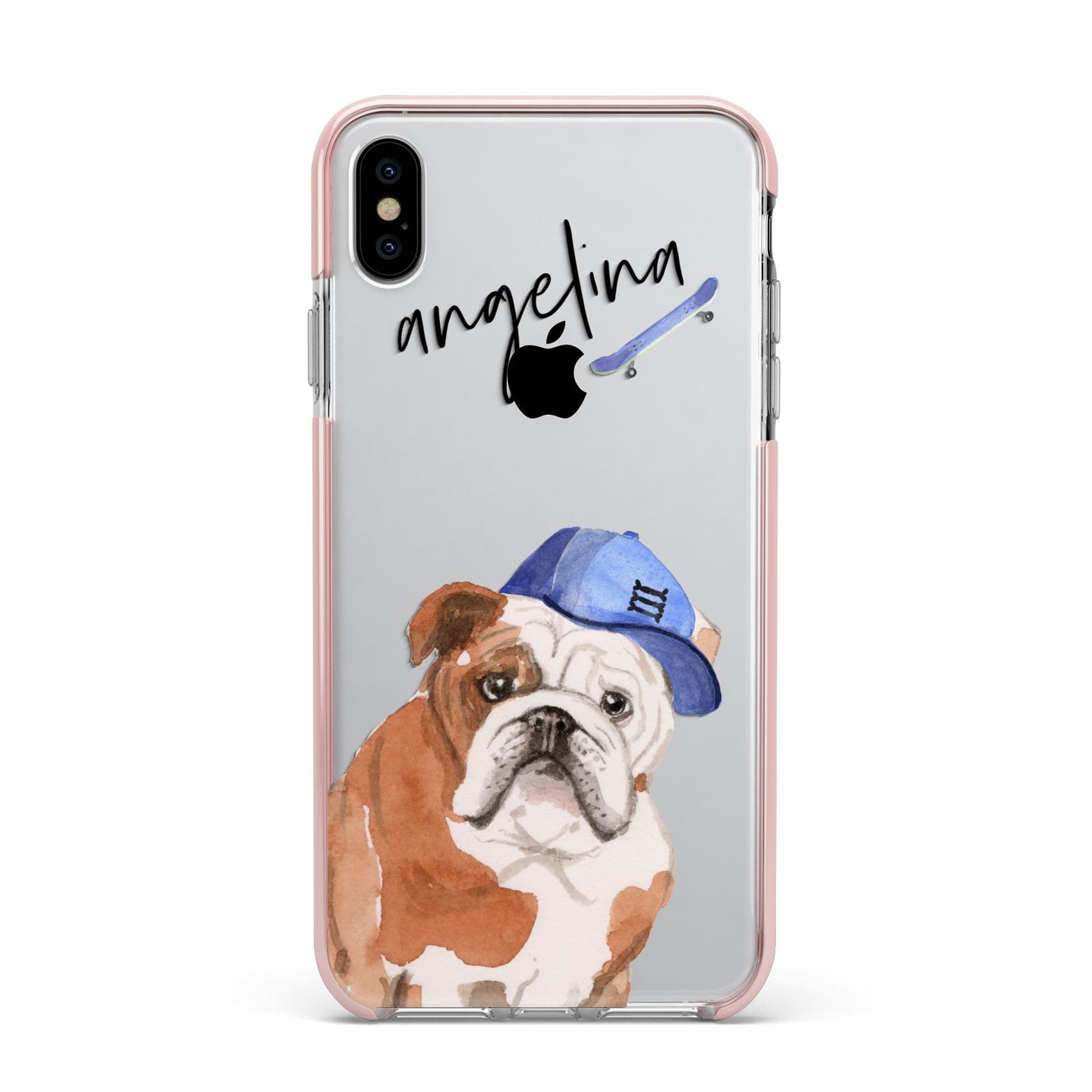Personalised English Bulldog Apple iPhone Xs Max Impact Case Pink Edge on Silver Phone