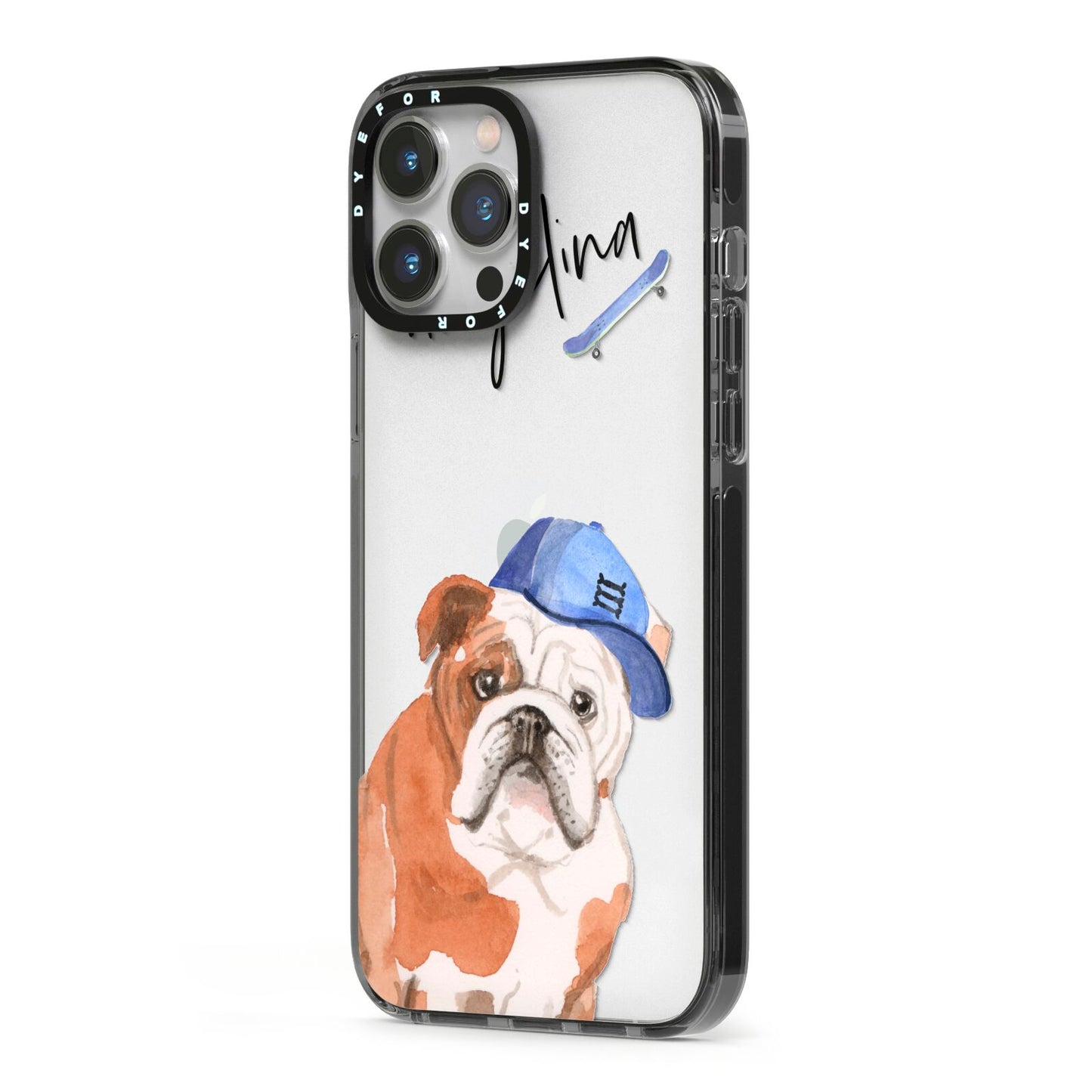 Personalised English Bulldog iPhone 13 Pro Max Black Impact Case Side Angle on Silver phone